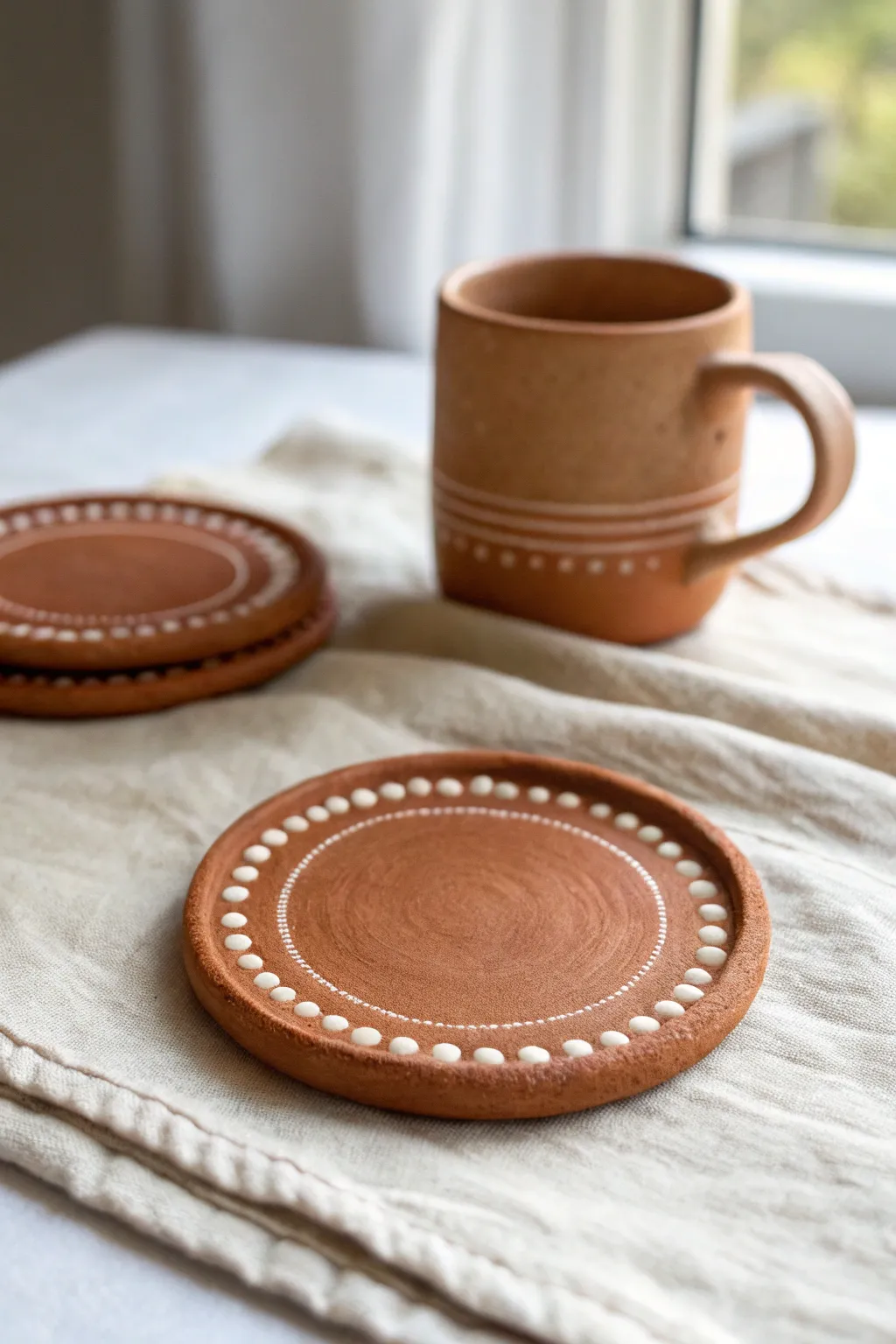 Beginner bead rim coasters with simple stripes, warm clay tones, and a cozy mug on top