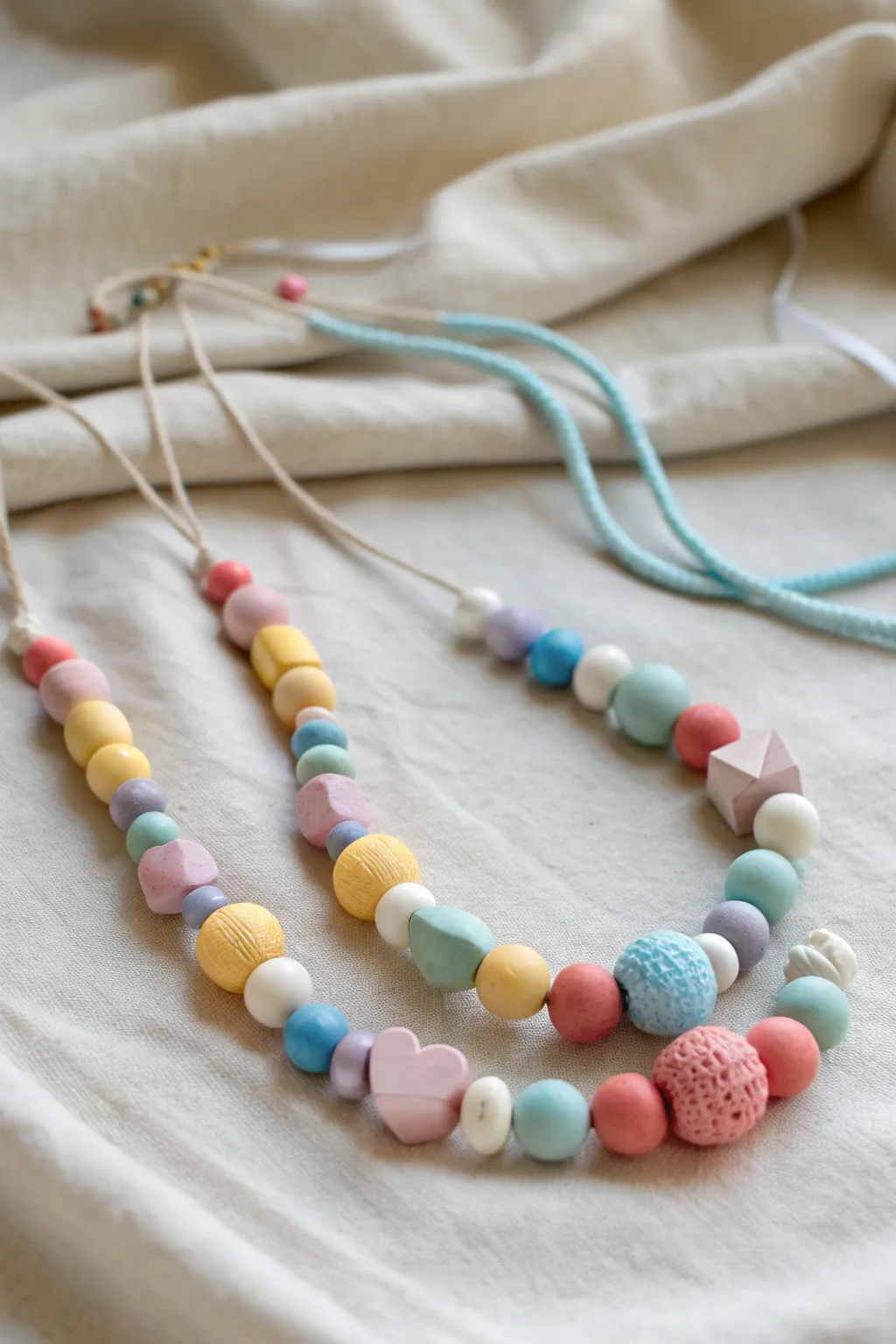 Playful clay bead necklaces in simple shapes and bright colors, perfect for easy kid crafts