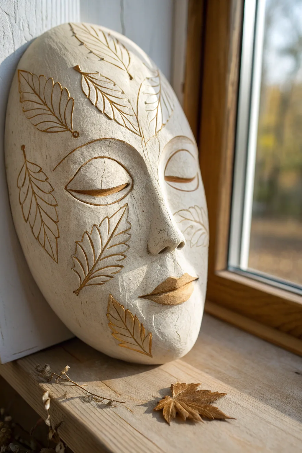 Leaf-imprint clay face mask in soft ivory, minimal and nature-inspired, veins highlighted.