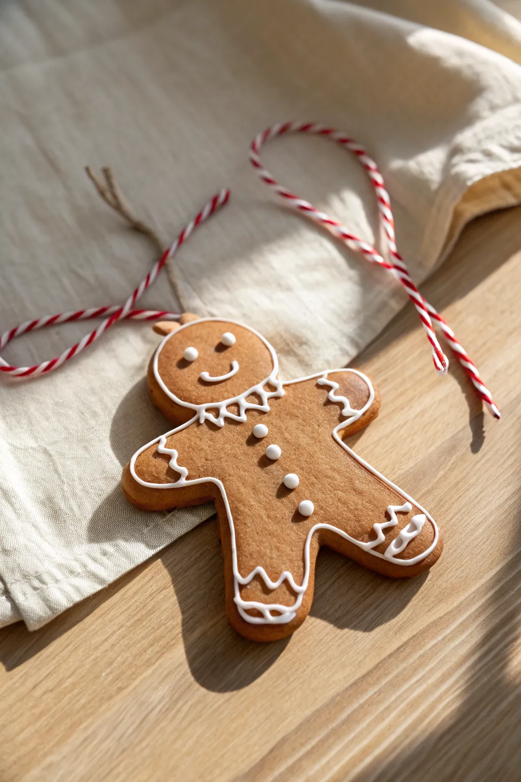 Minimal gingerbread clay ornament with hand-painted white icing, ready for cozy holidays.