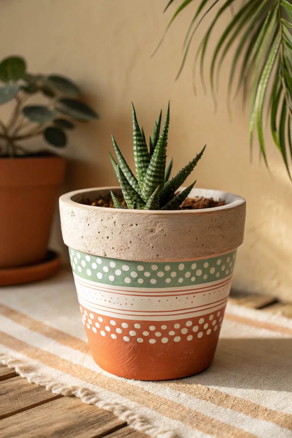 Minimal clay pot with a bold dot mandala band in soft earthy tones for easy DIY style