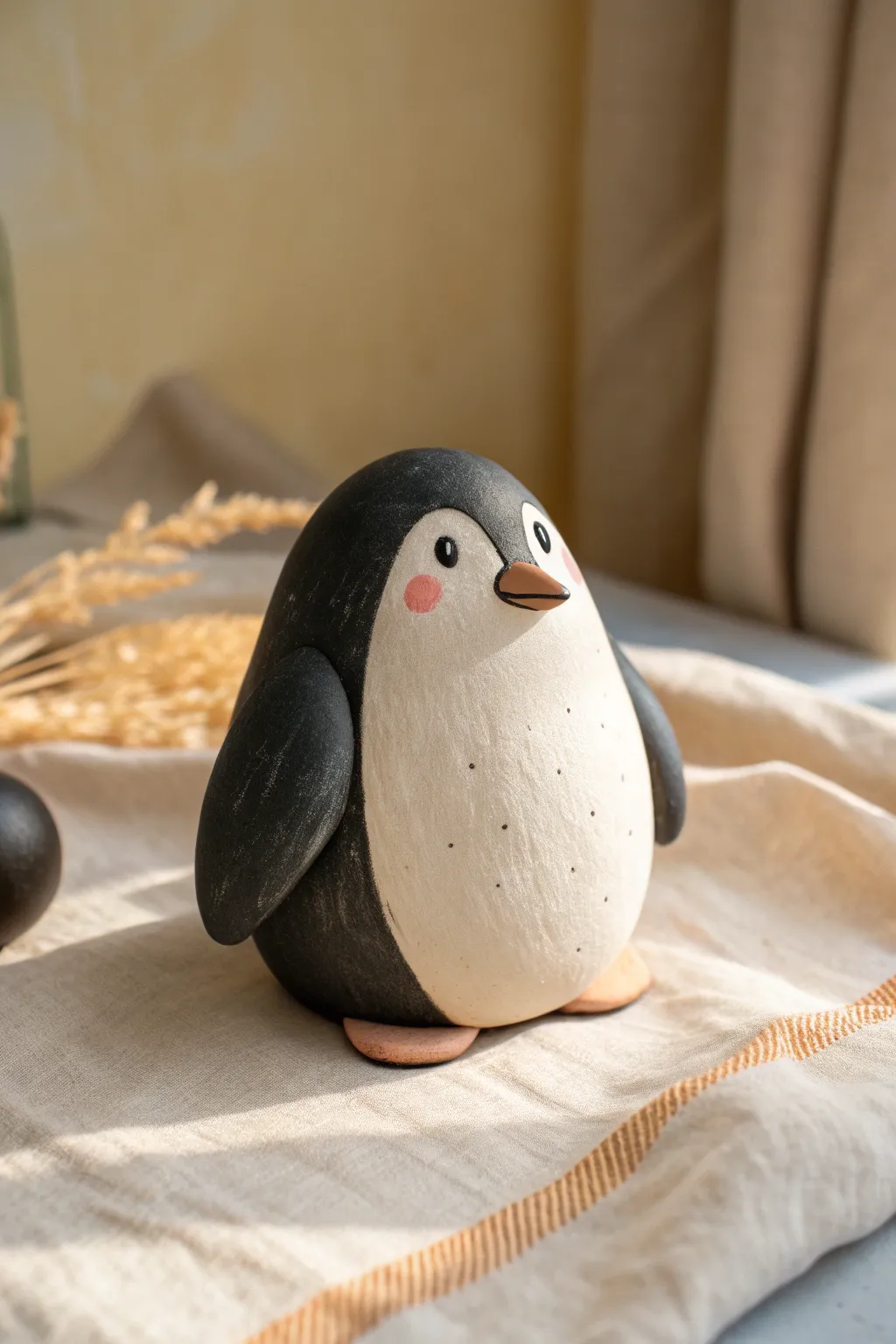 Chubby little penguin sculpture with clean color blocks and a calm minimalist finish