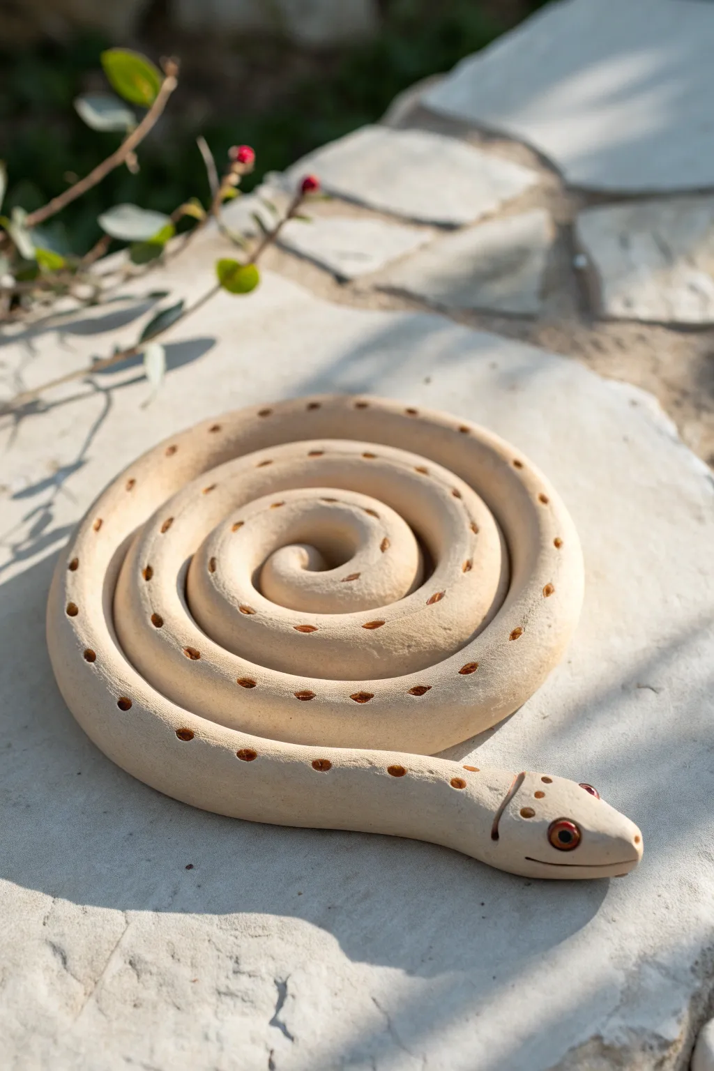 Beginner-friendly coil snake sculpture with simple spots, minimalist and beautifully handmade.