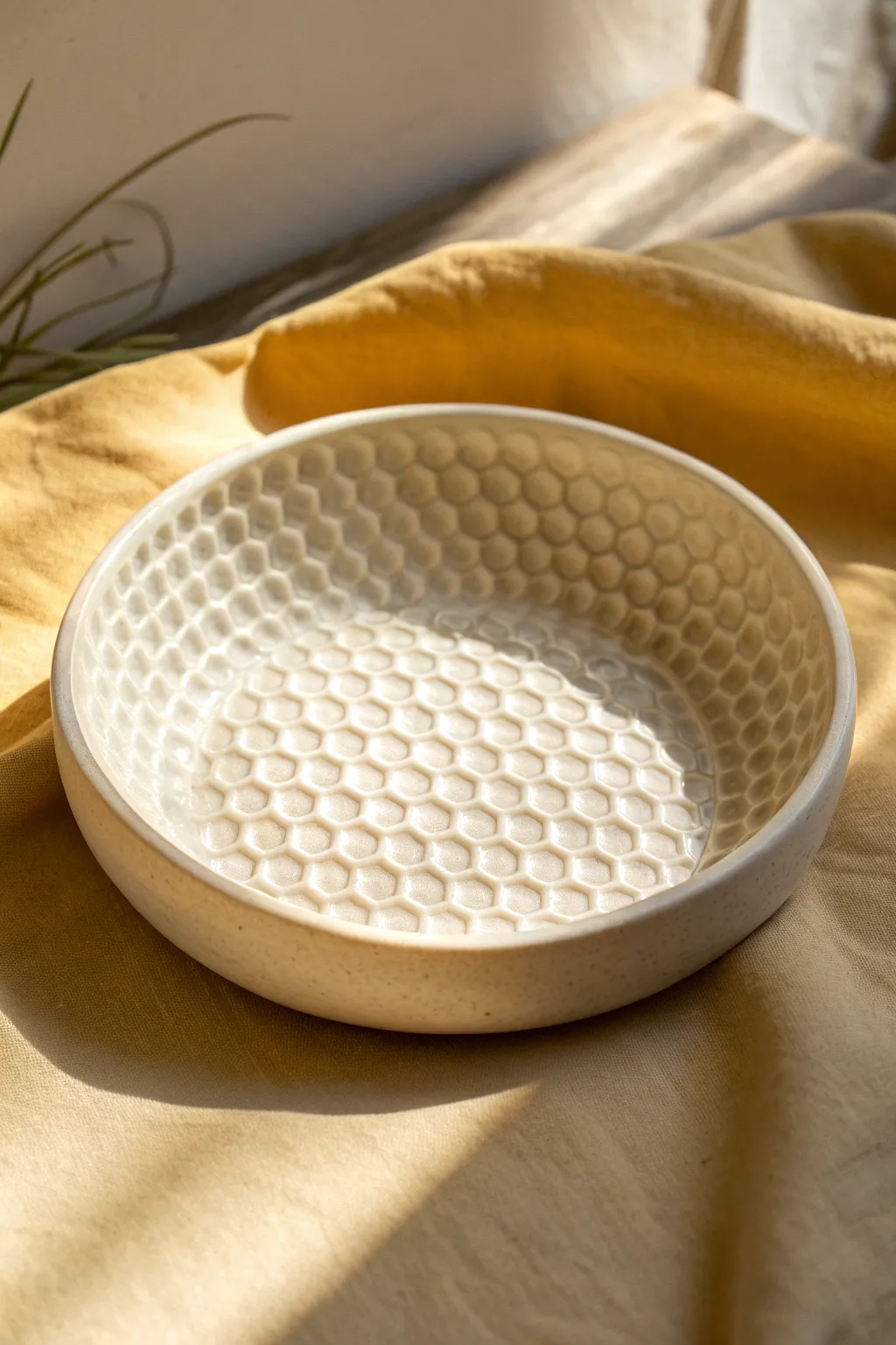 Shallow matte clay dish with a honeycomb dot grid texture, minimalist Nordic calm and contrast.