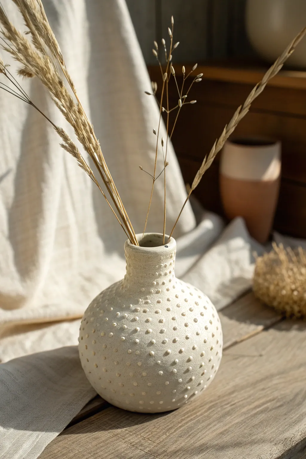 Soft white dot-impressed clay vase with dried stems, minimal and sweet handmade texture