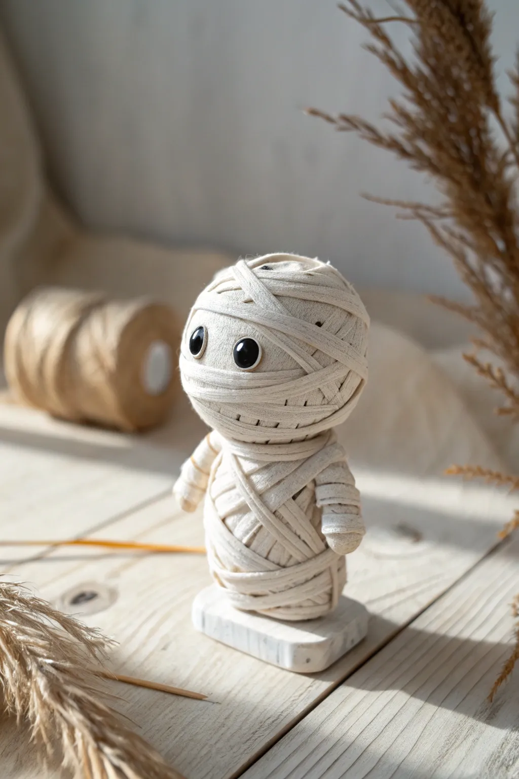 Sweet minimalist clay mummy with wrap texture and one peeking eye, perfect for simple Halloween decor