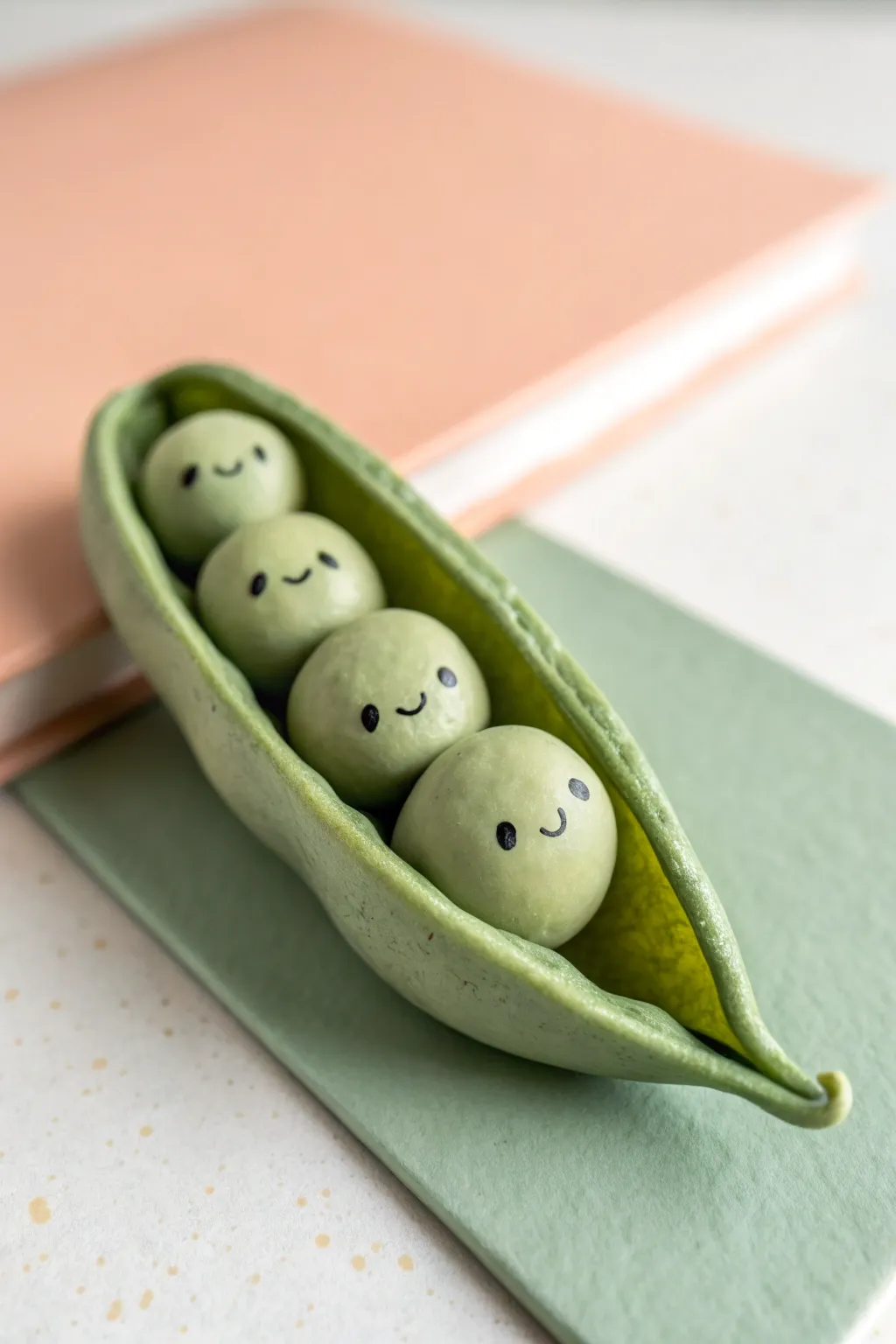 Peas in a Pod: a cute, minimal clay sculpture with tiny faces and calming Scandinavian color blocks