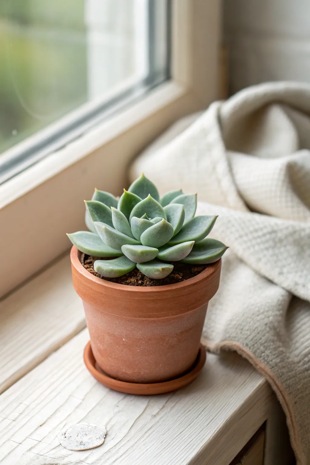 Mini polymer clay succulent in a simple pot, made from cones and teardrops, fresh and modern.