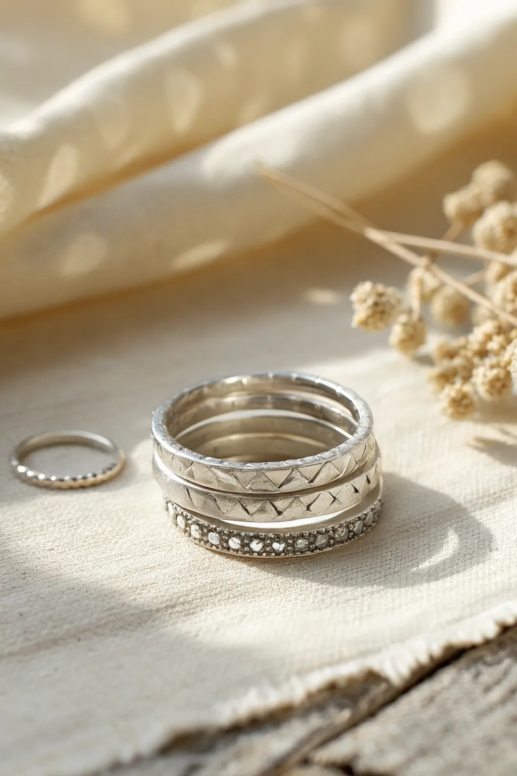 Three easy textured silver clay stacking rings, minimalist and boho, with crisp handmade detail