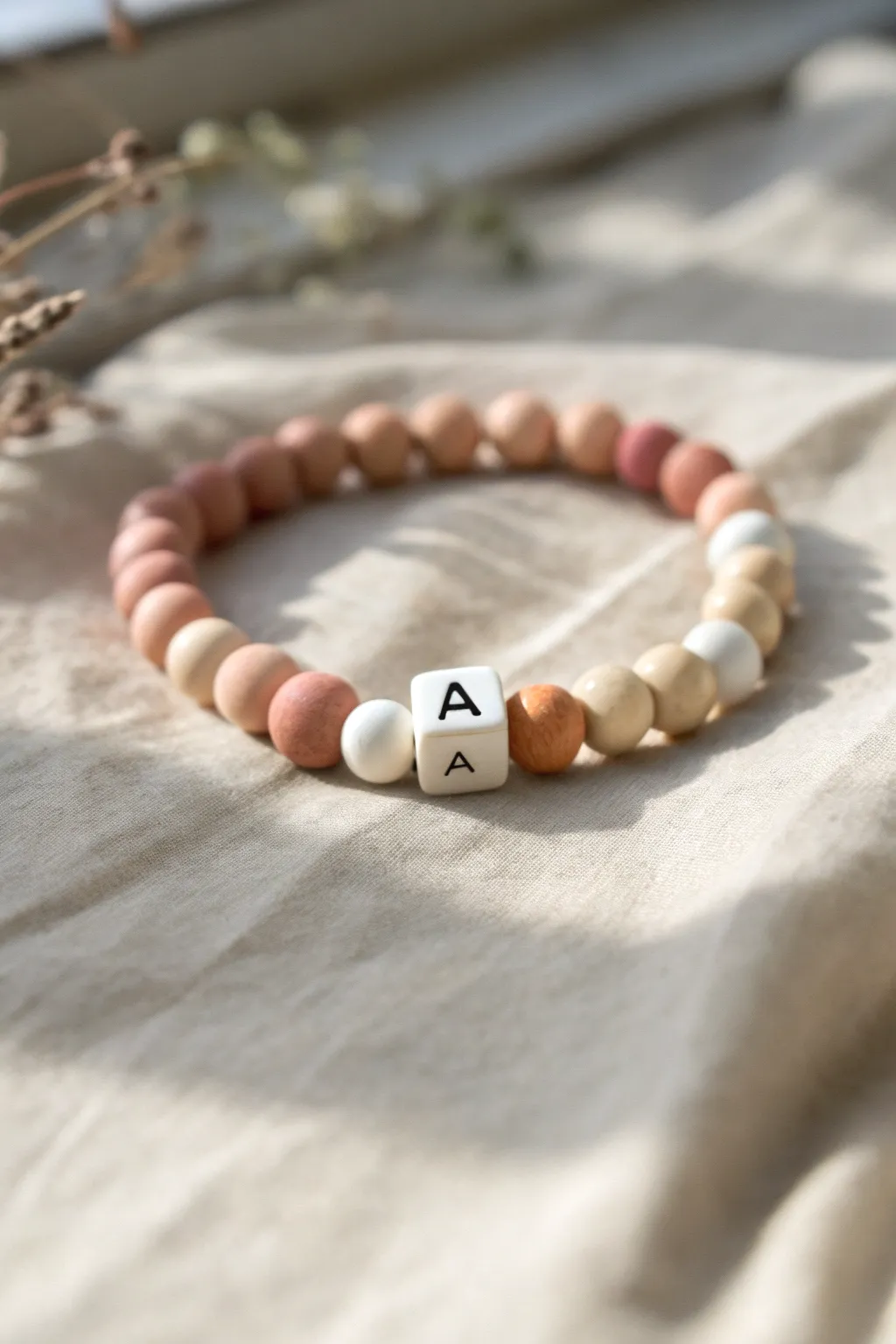 Centered initial bead bracelet with blush clay discs, simple, feminine, and perfectly minimalist