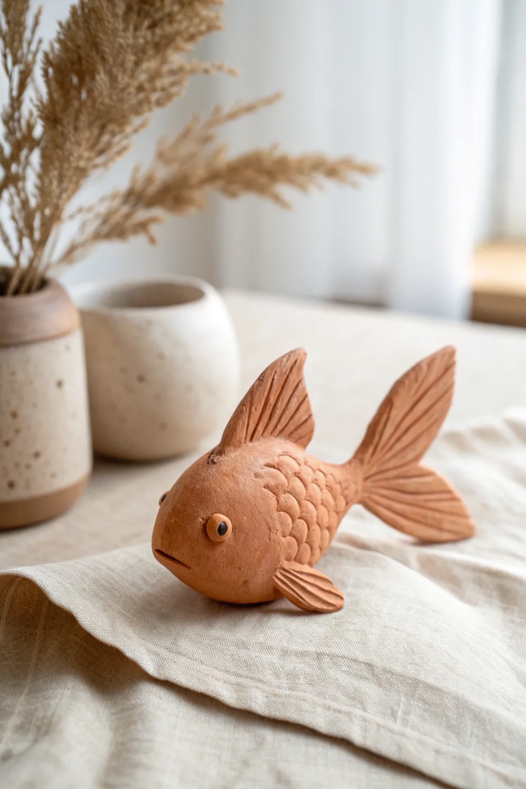 Minimal clay goldfish blob with pinch fins, an easy beginner figure for calm boho decor.
