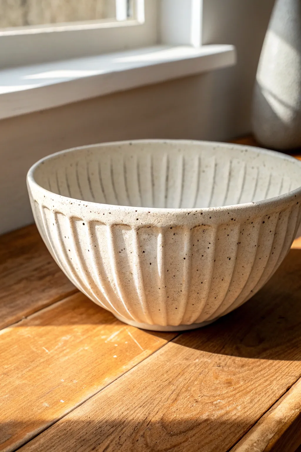 Fluted slab bowl with soft finger-pressed pleats, minimalist matte stoneware charm.