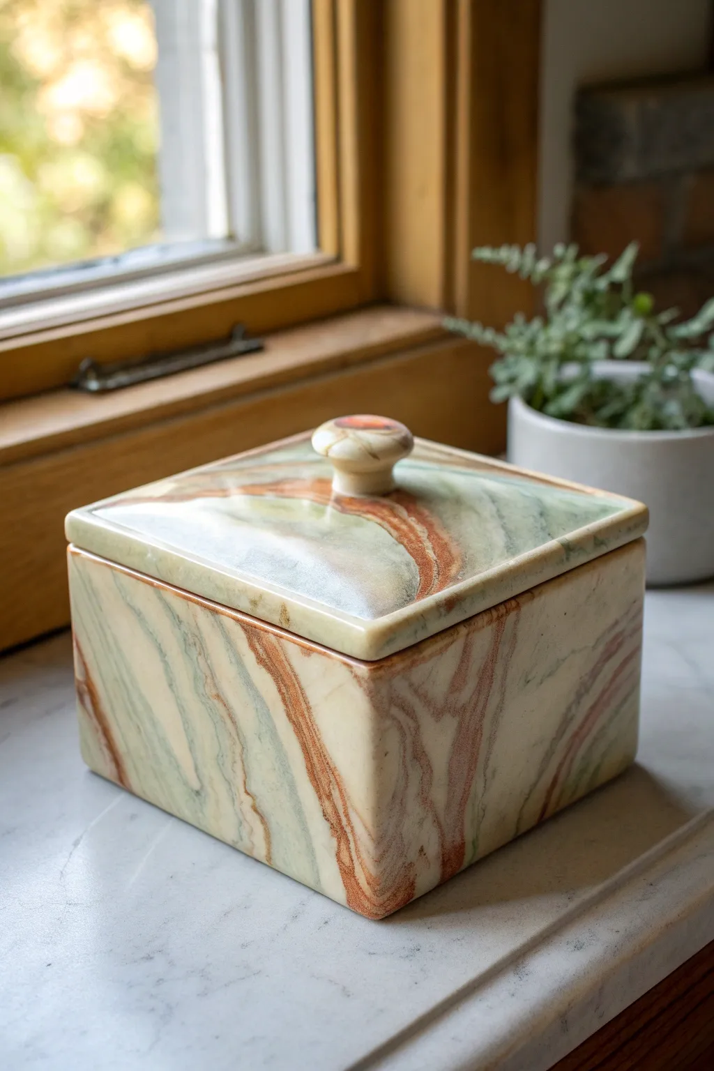Marbled slab box with swirly stone-like color blocking, minimalist form and warm handcrafted charm.