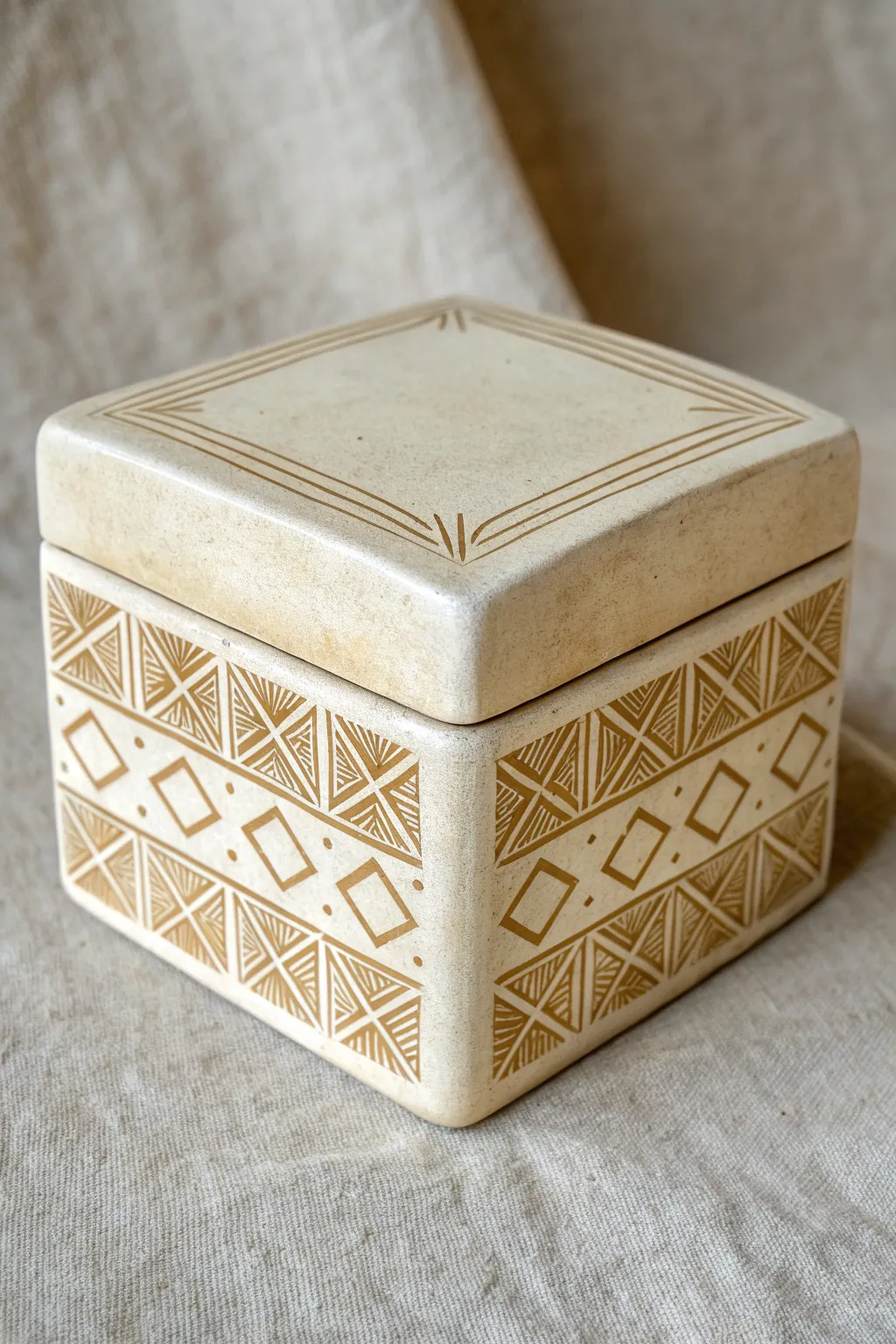 Minimalist sgraffito slab box with bold graphic panels and warm, handmade contrast