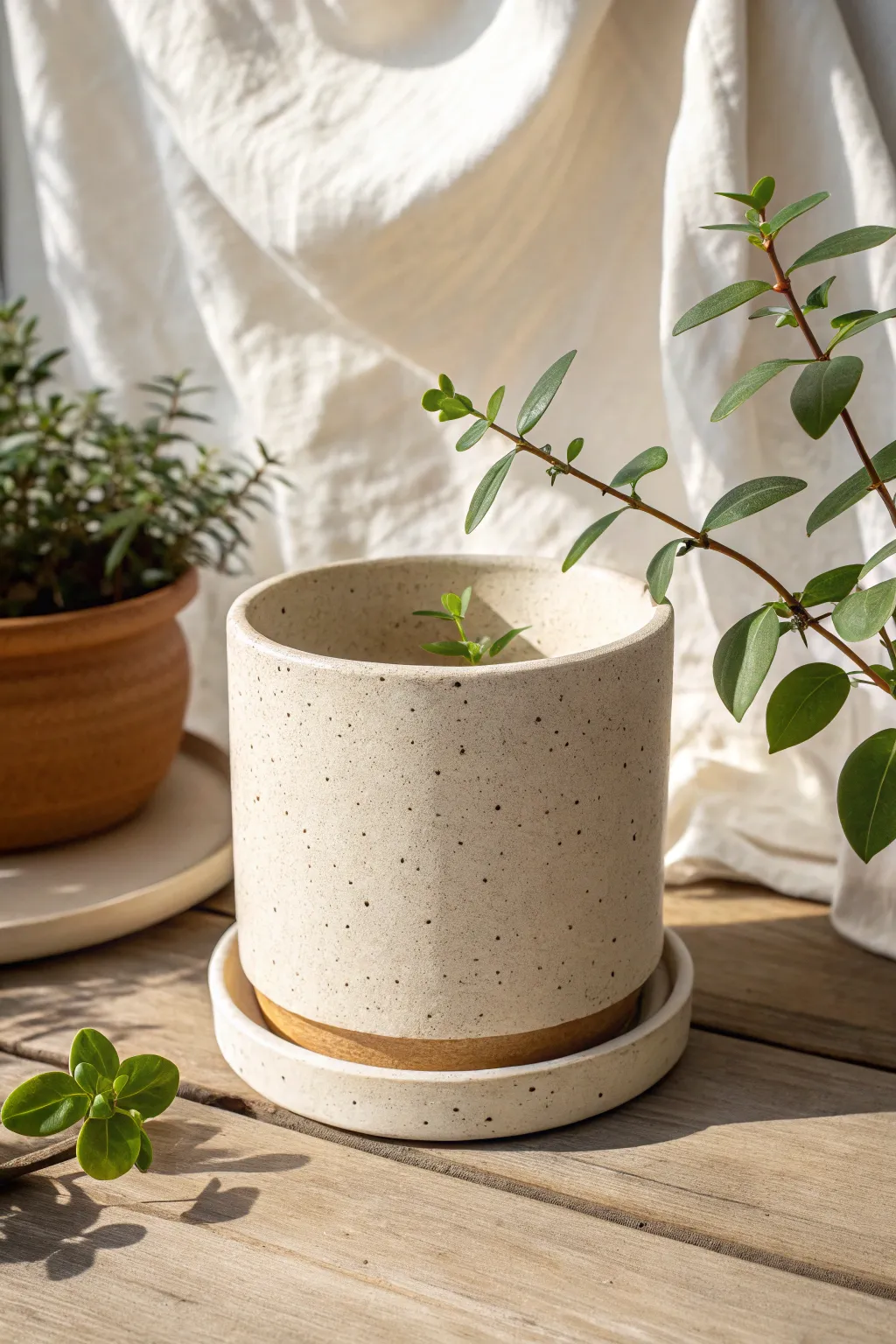 Squat slab cylinder planter with matching saucer, textured finish, and a fresh little houseplant