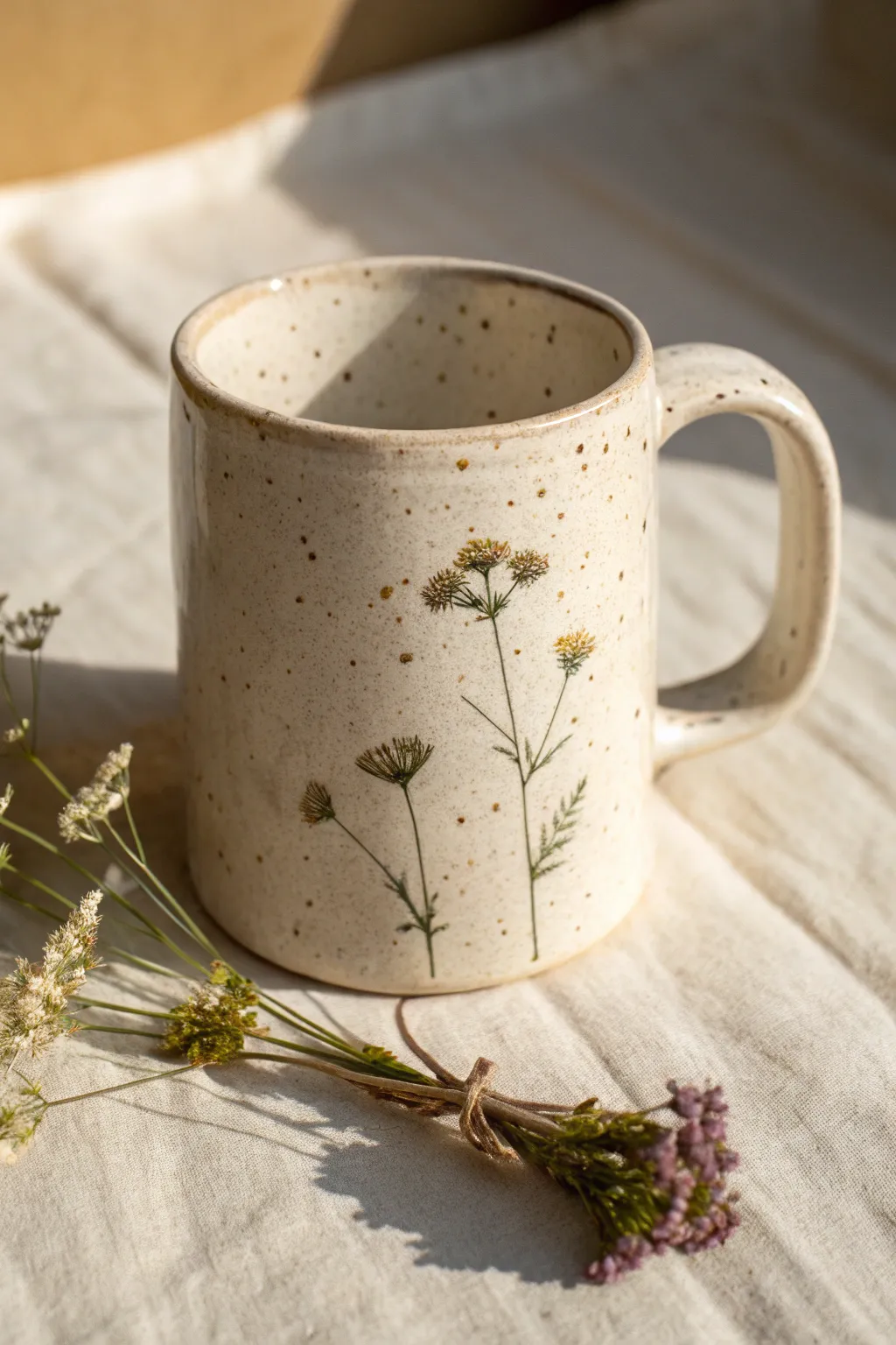 Pressed wildflower fossil slab mug in speckled clay, matte glaze, softly minimalist and boho.