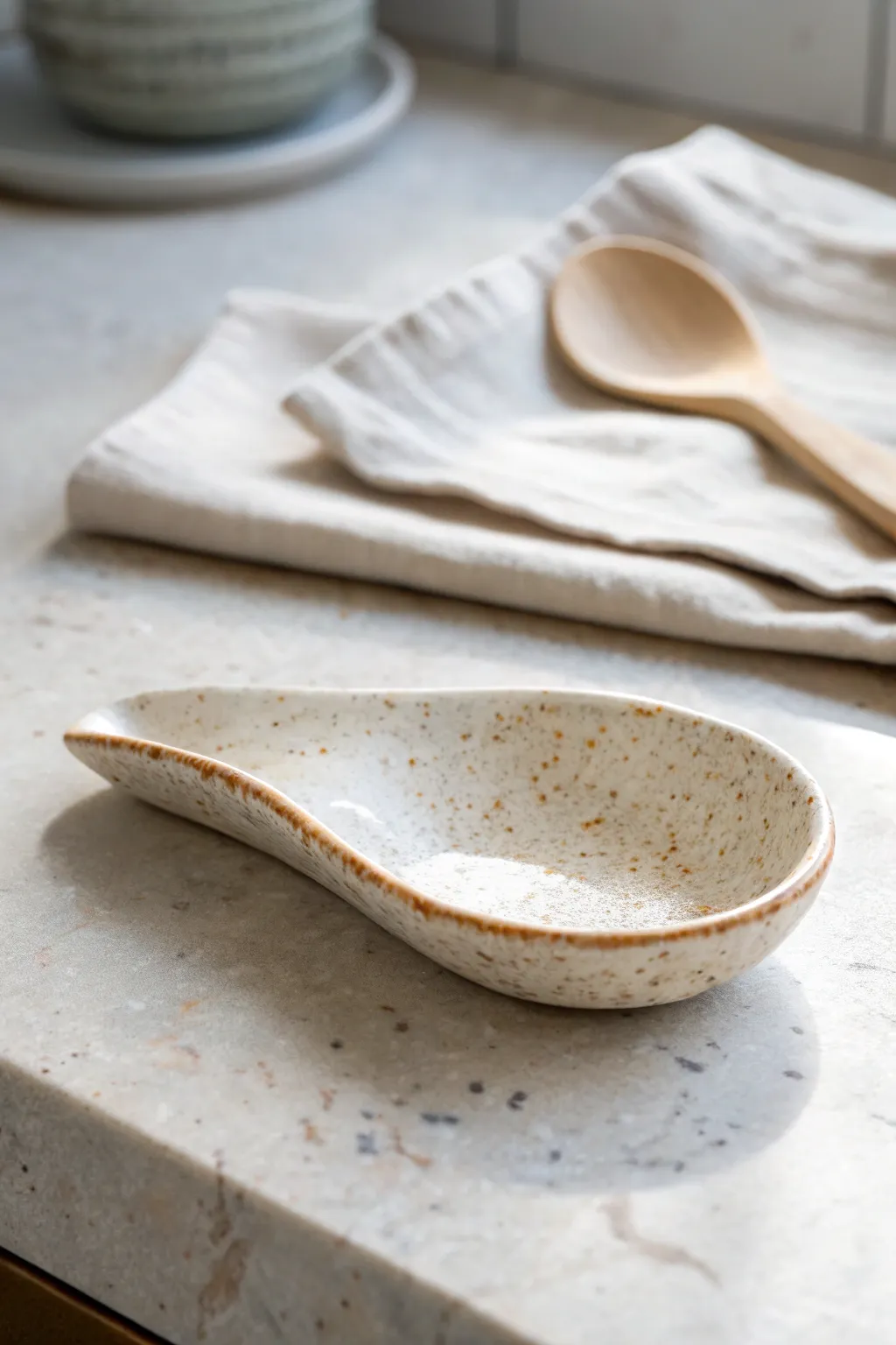 Speckled slab spoon rest with a built-in notch, minimalist and kitchen-ready in soft morning light.