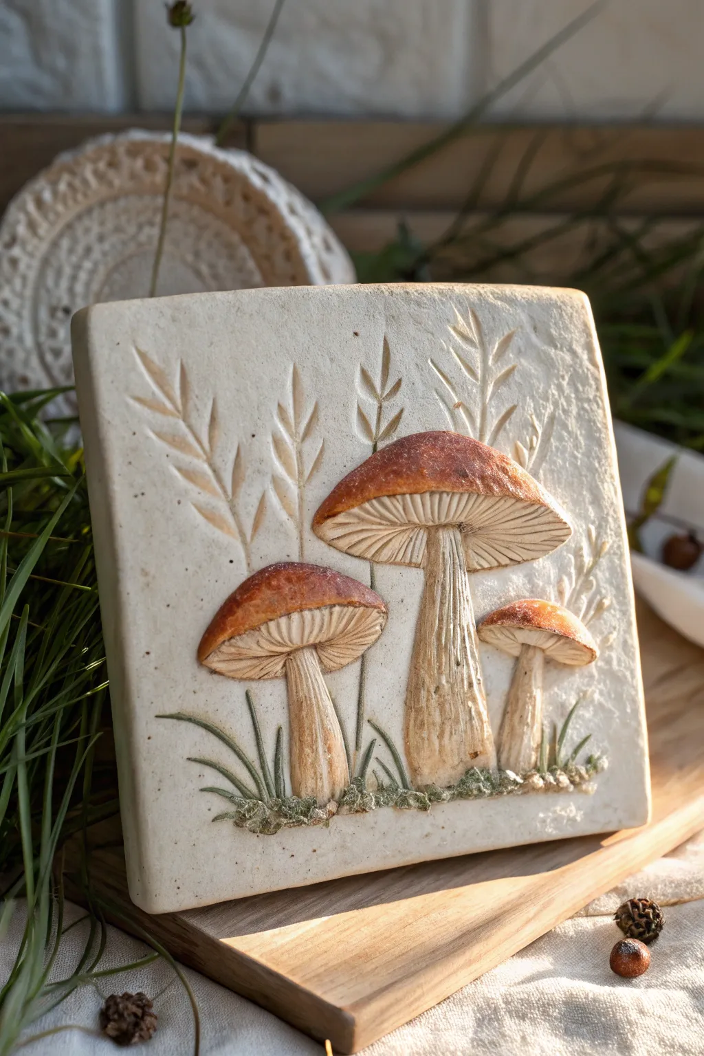 Mushroom forest slab relief tile with bold layers, soft textures, and cozy earthy contrast.