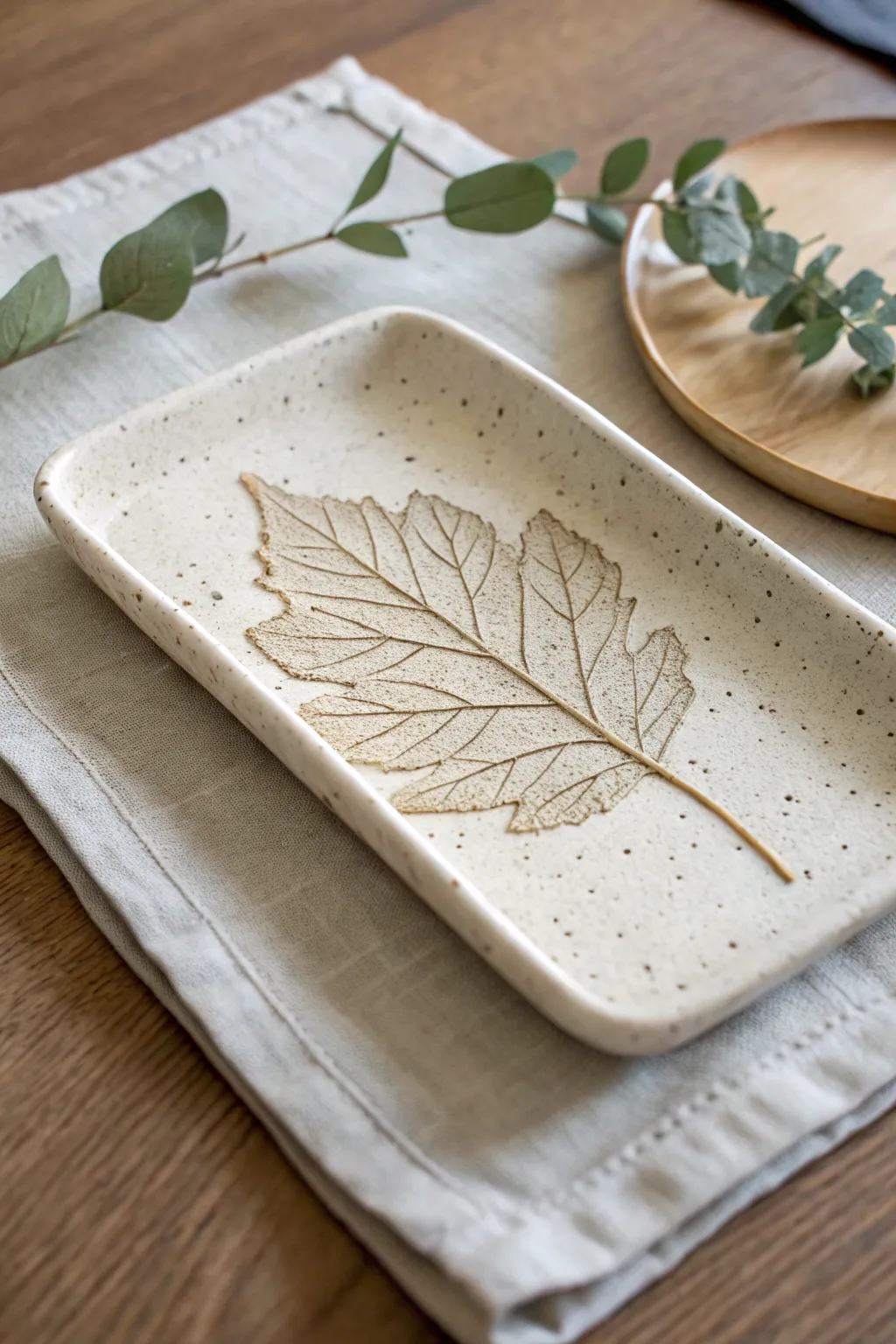 Botanical imprint slab tray with soft greenery, minimal styling, and handcrafted texture.