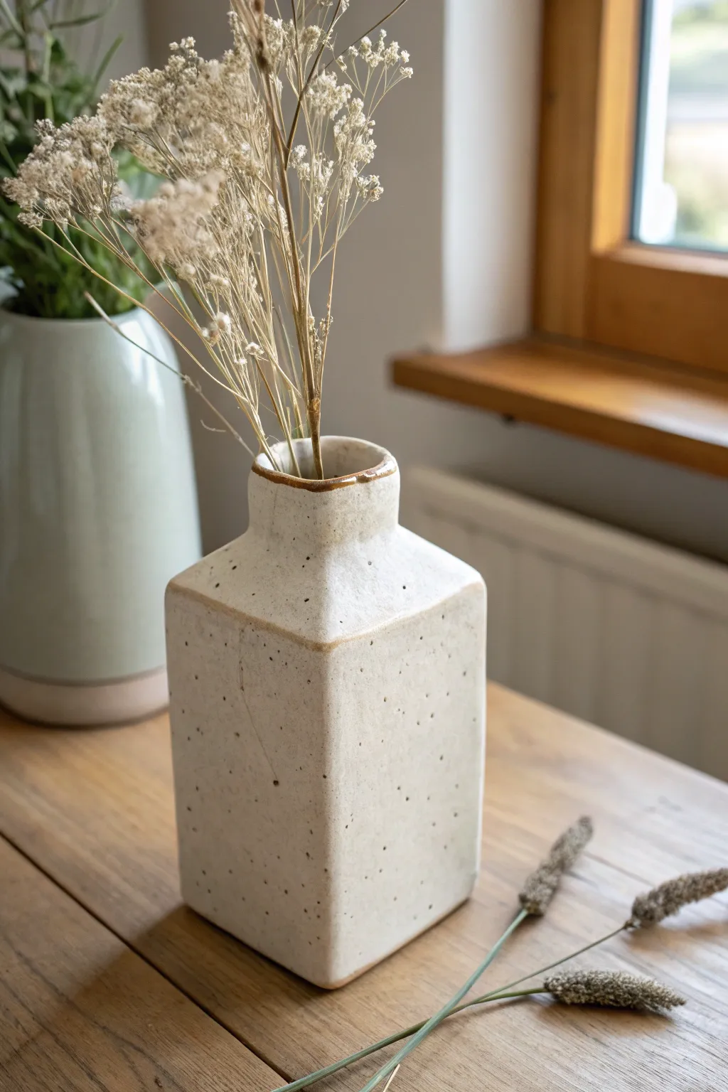 Minimal milk-carton slab vase with pinched corners and a soft matte glaze, styled simply