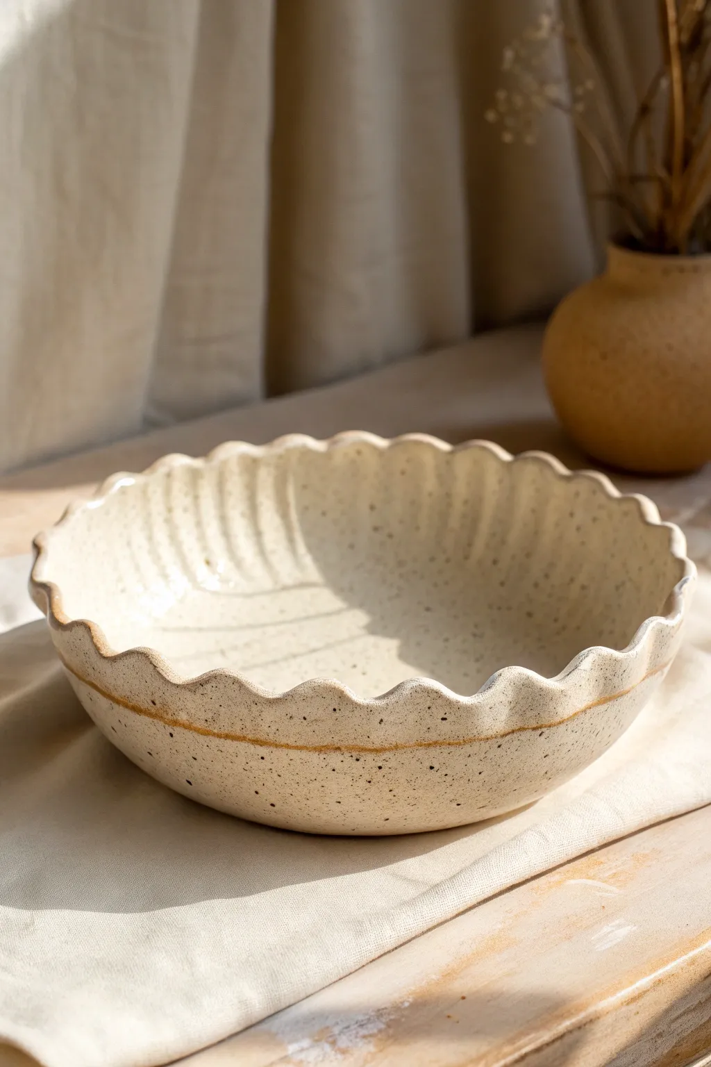 Elegant scalloped rim slab bowl idea, minimalist with boho charm for your next pottery project