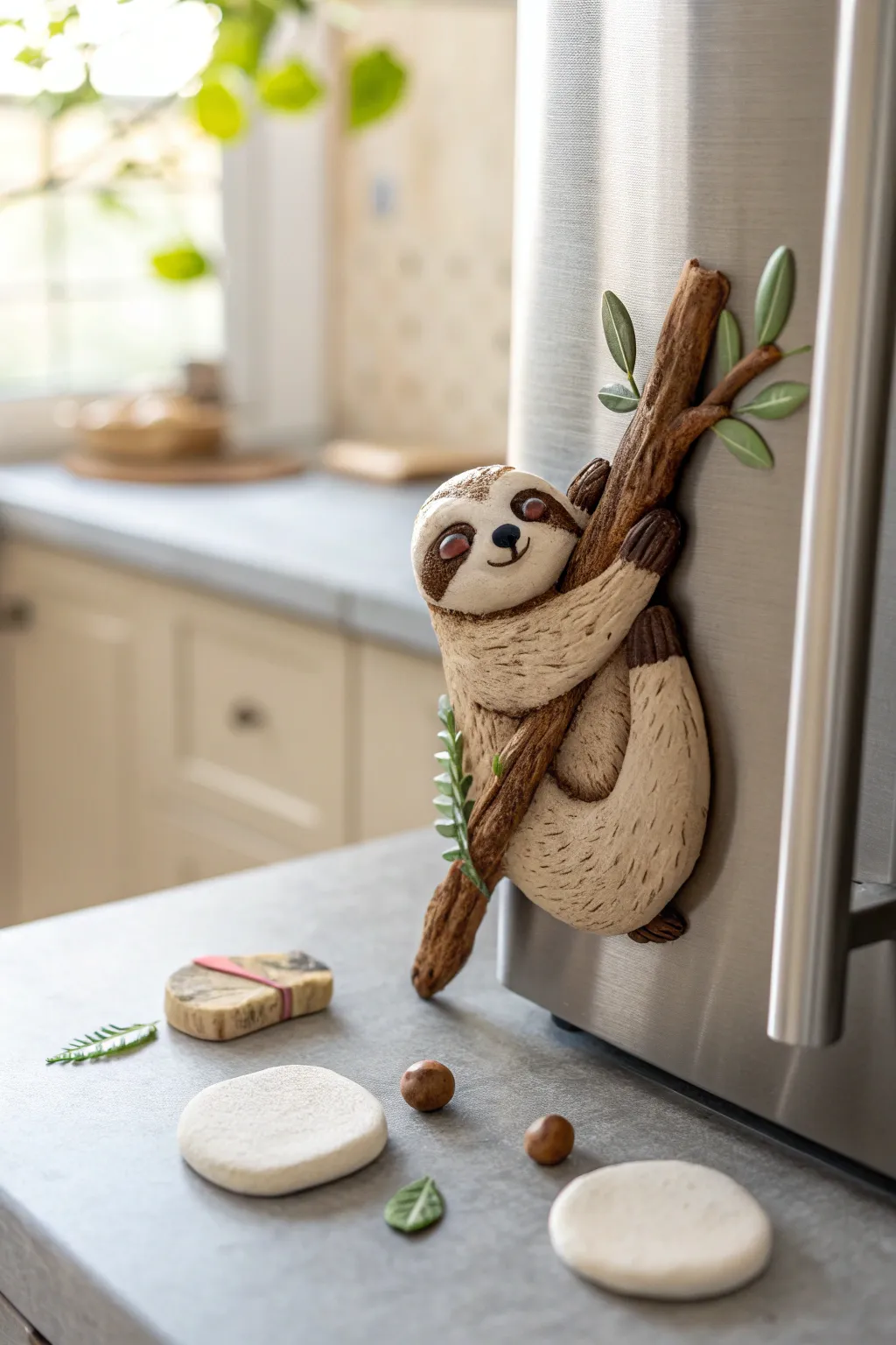 Sweet clay sloth magnet buddy for your fridge, minimalist and cozy with a handmade boho touch
