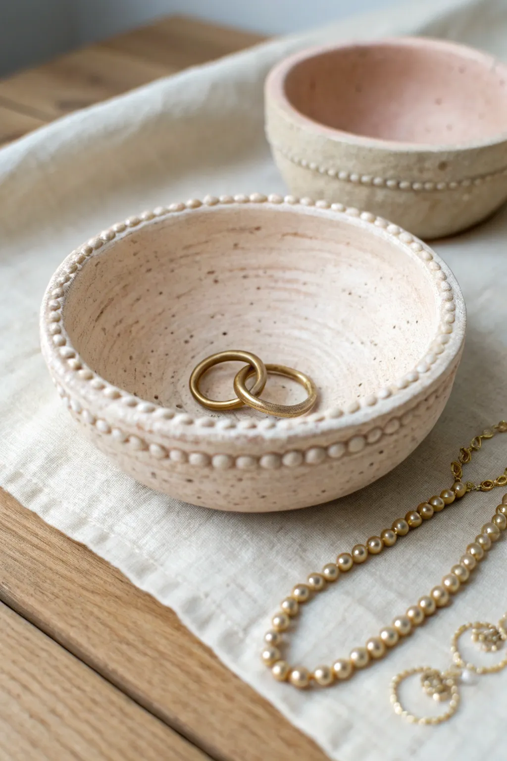 Beaded-rim trinket bowl duo, perfect for rings and tiny treasures in a calm neutral palette.