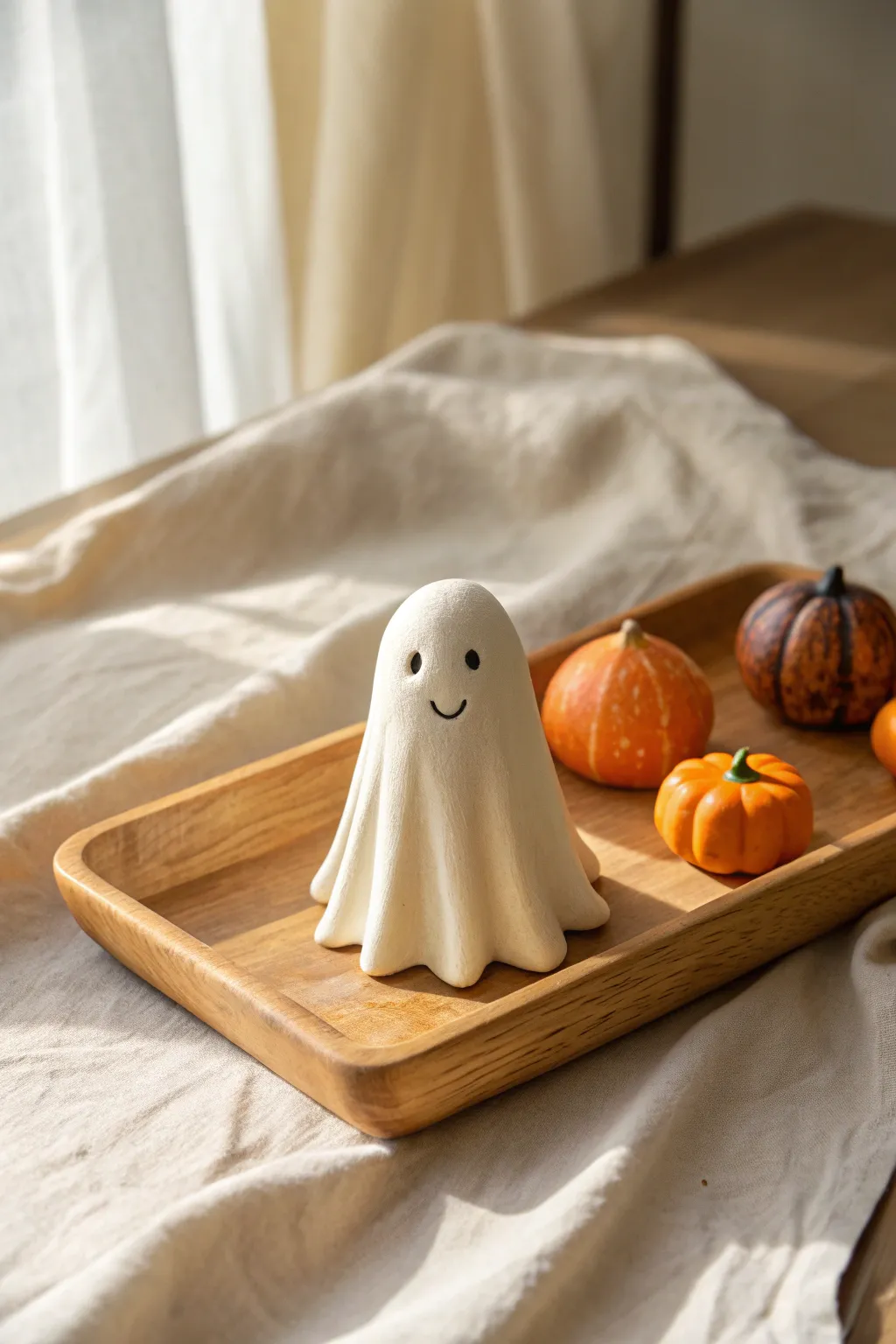 Spooky-cute mini clay ghost with sweet face and tiny pumpkins in a cozy neutral nook.
