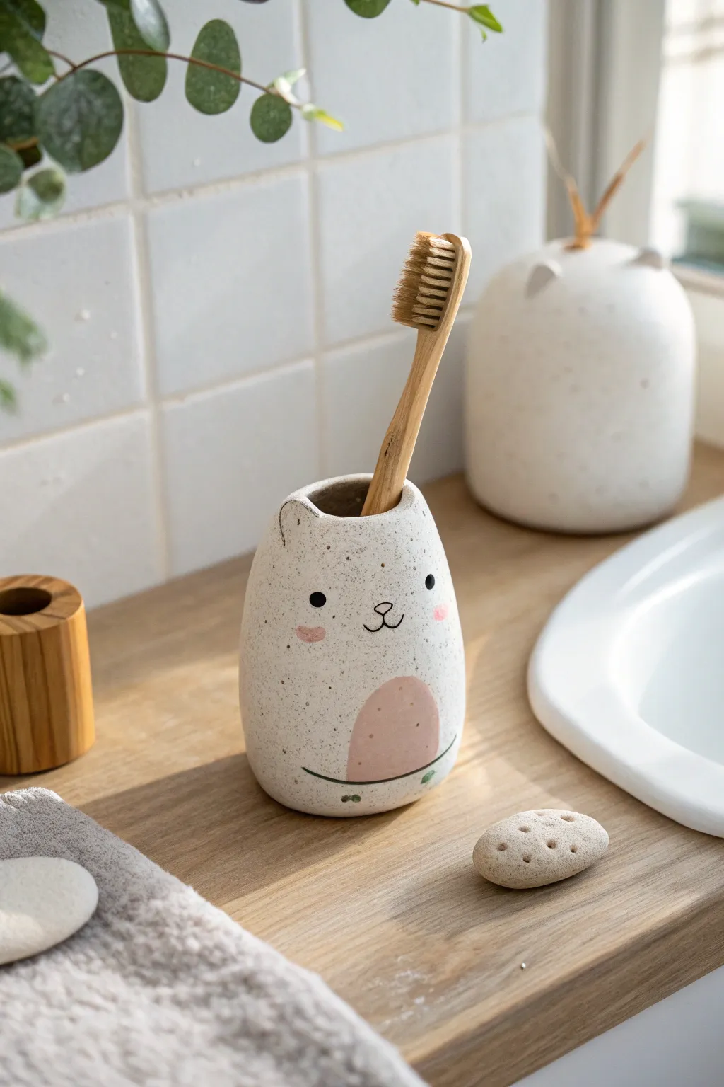 Tiny creature clay toothbrush holder—minimal, cute, and perfectly handmade for small spaces.