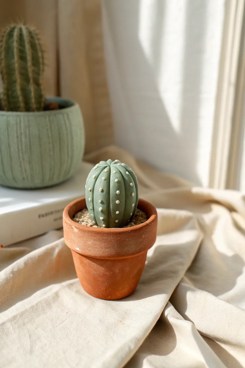 A cute chunky mini clay cactus in a tiny pot, simple colors and a calm Scandinavian vibe