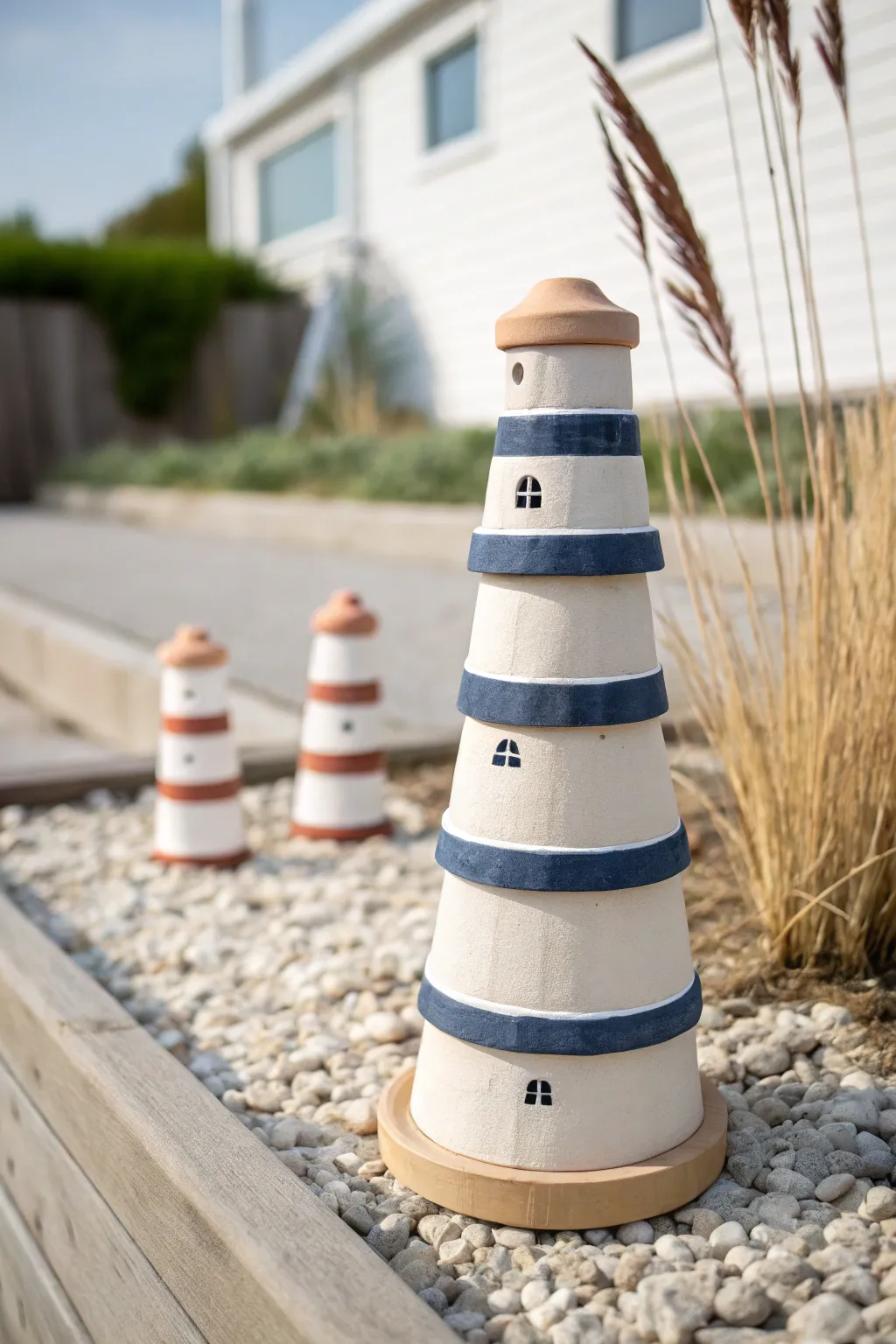 Mini lighthouse stack made from tiny clay pots, minimalist stripes, nestled in soft garden grass