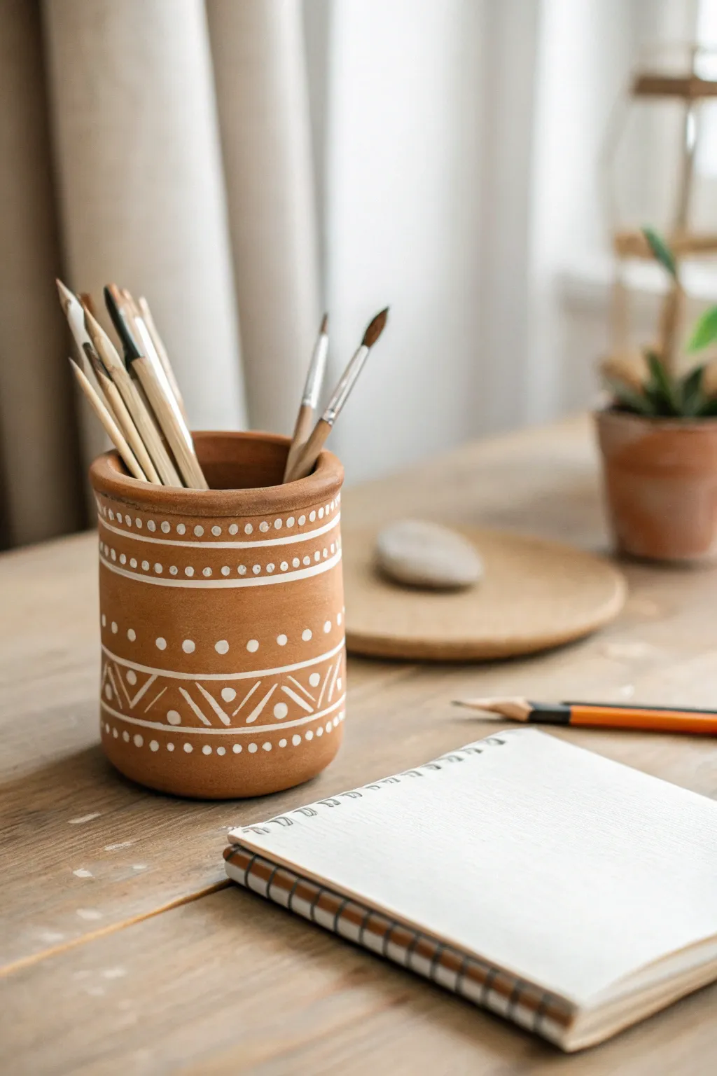 Small clay pot brush and pencil cup with boho pattern, a calm minimalist desk moment