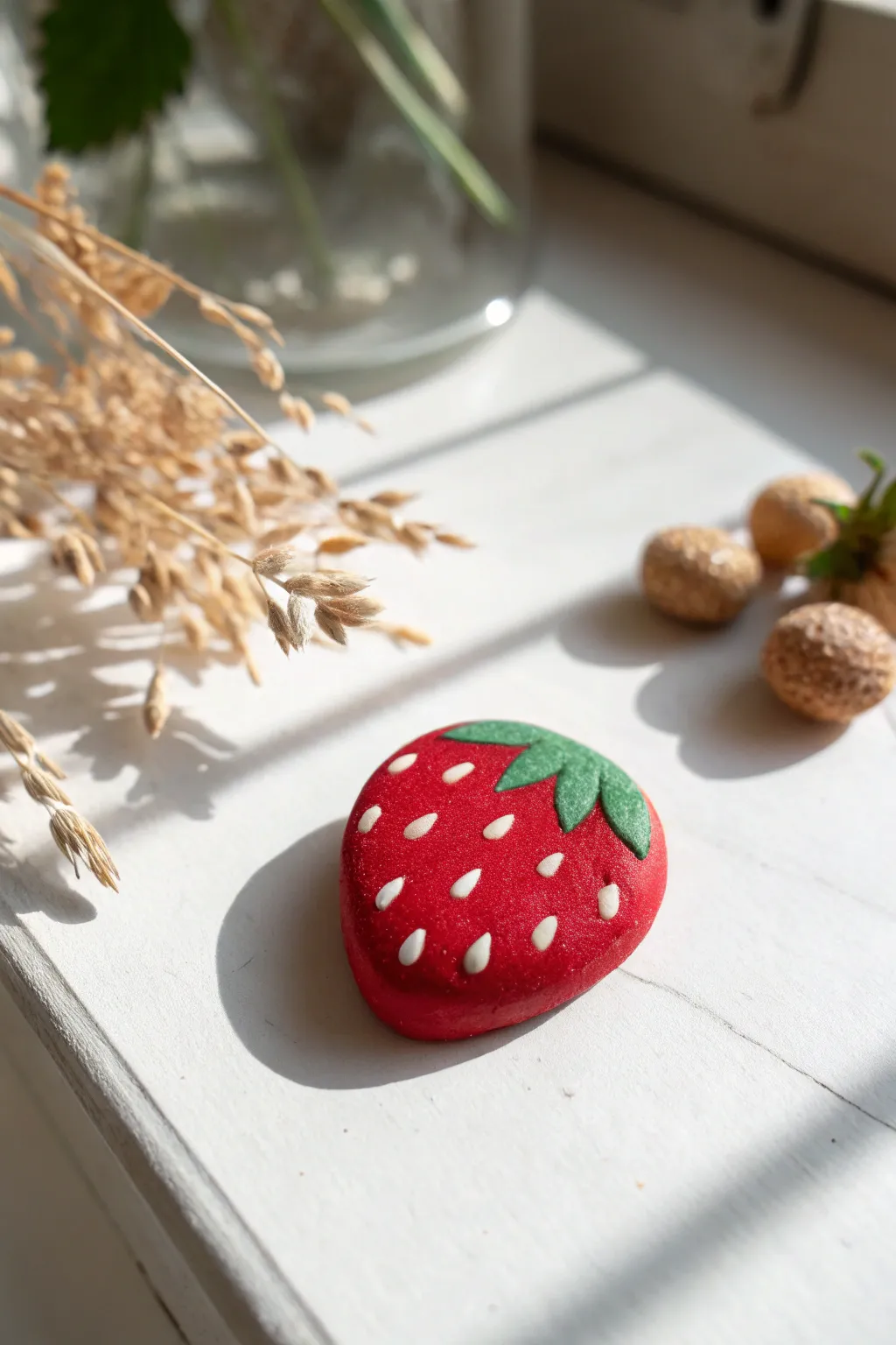 Sweet mini strawberry clay magnet for your fridge, simple color blocks and handmade charm.