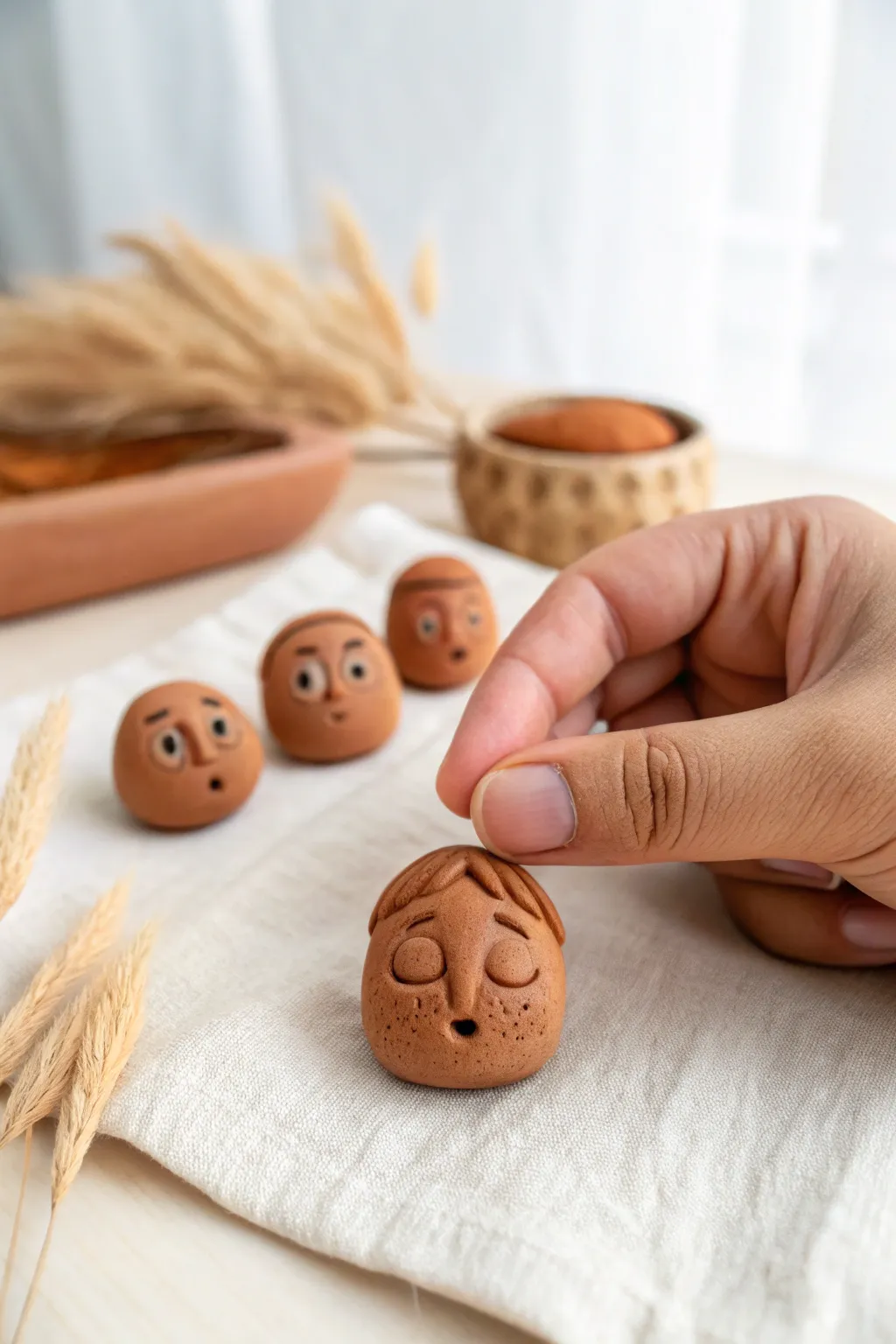 Five fast mini clay heads with simple expressions, one shown in hand for scale in a clean Nordic style