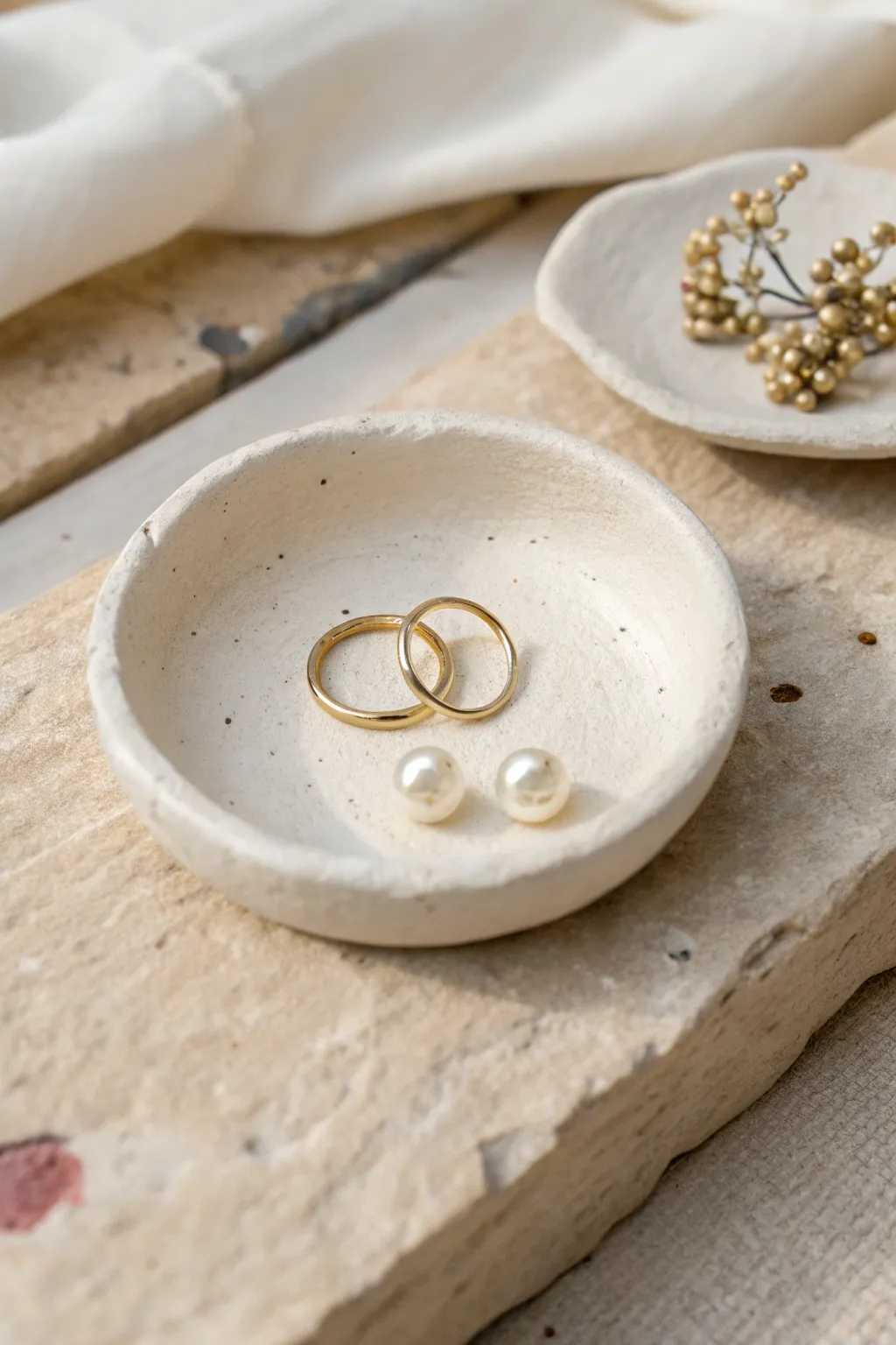 Tiny polymer clay trinket dish with rings and studs, minimal, handmade, and beautifully imperfect