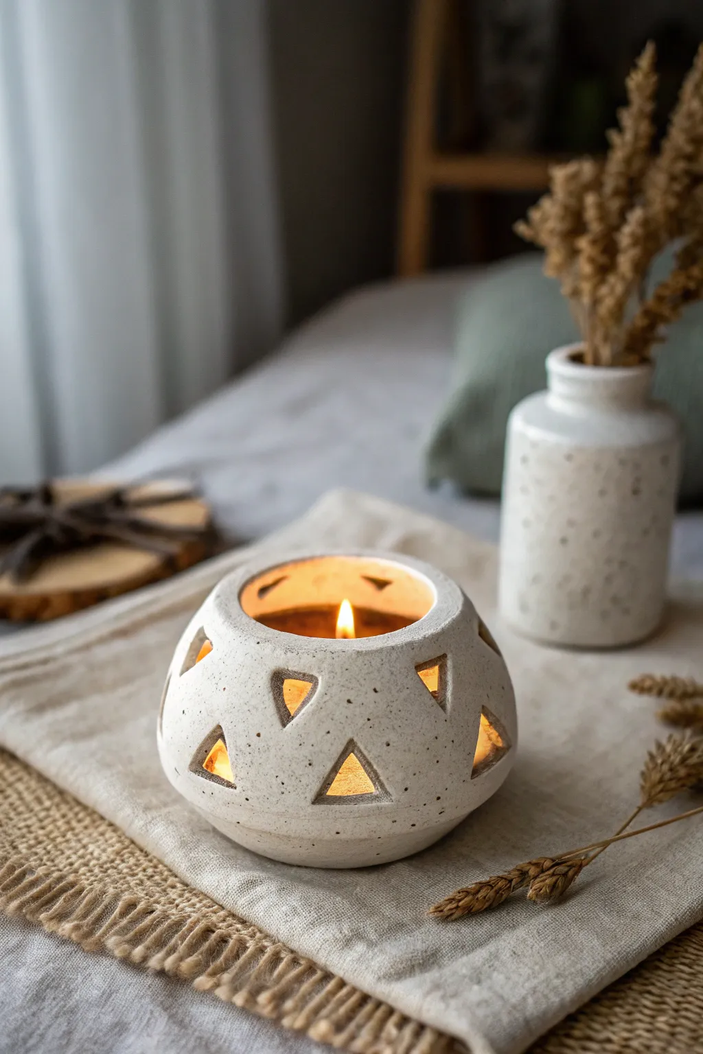 Chunky mini tea light holder with simple cutouts, softly glowing for cozy minimalist vibes