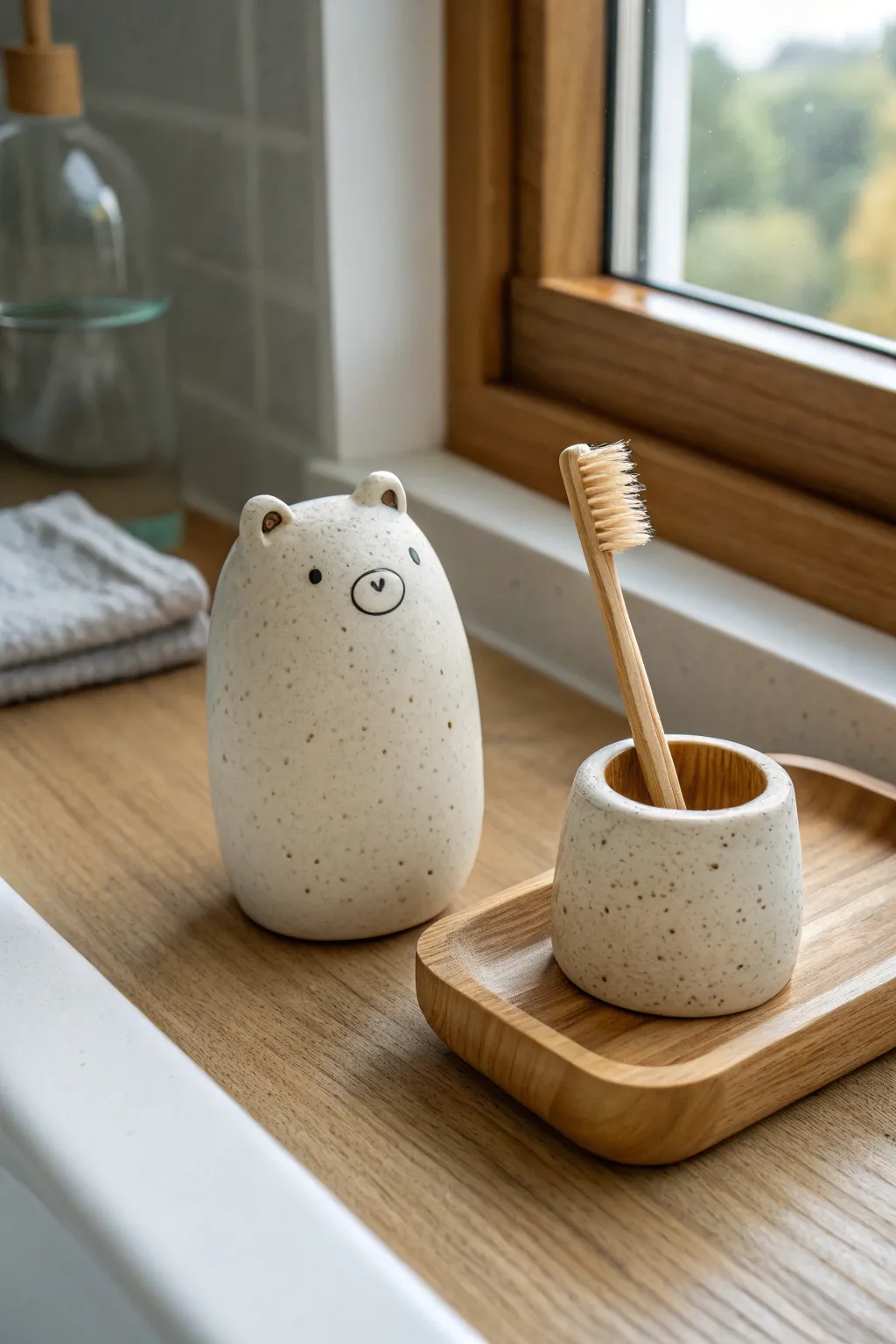 A tiny clay toothbrush holder buddy, simple, sturdy, and sweet for a calm minimalist bathroom