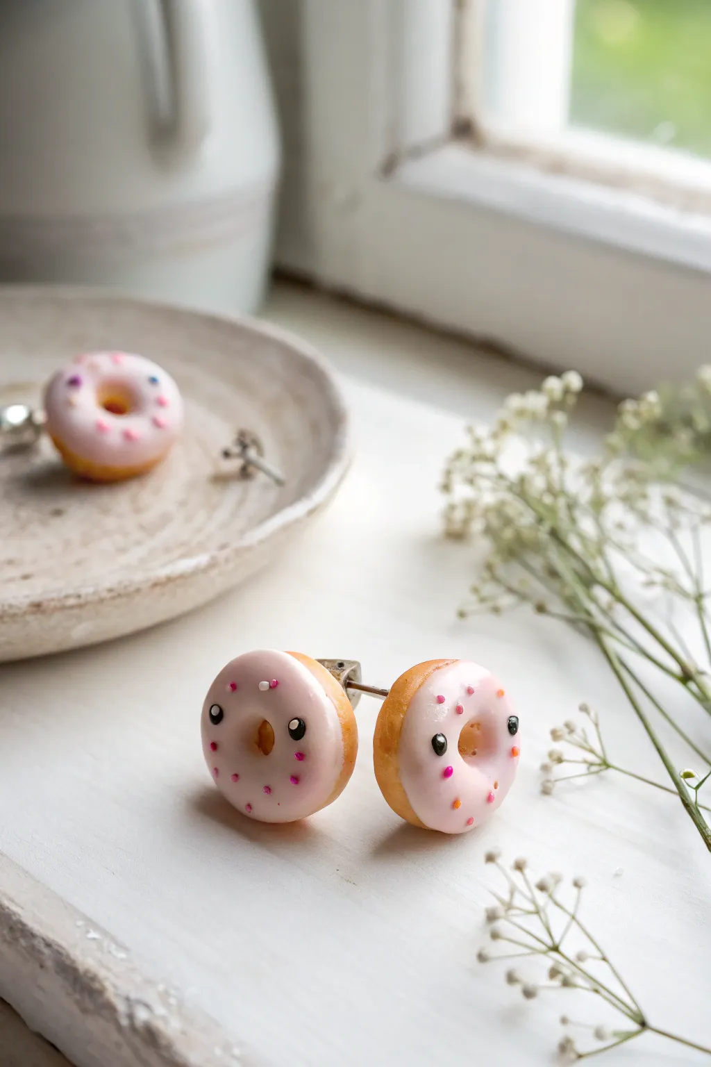 Tiny mini donut stud earrings with pastel frosting and cute faces, a simple clay craft idea.