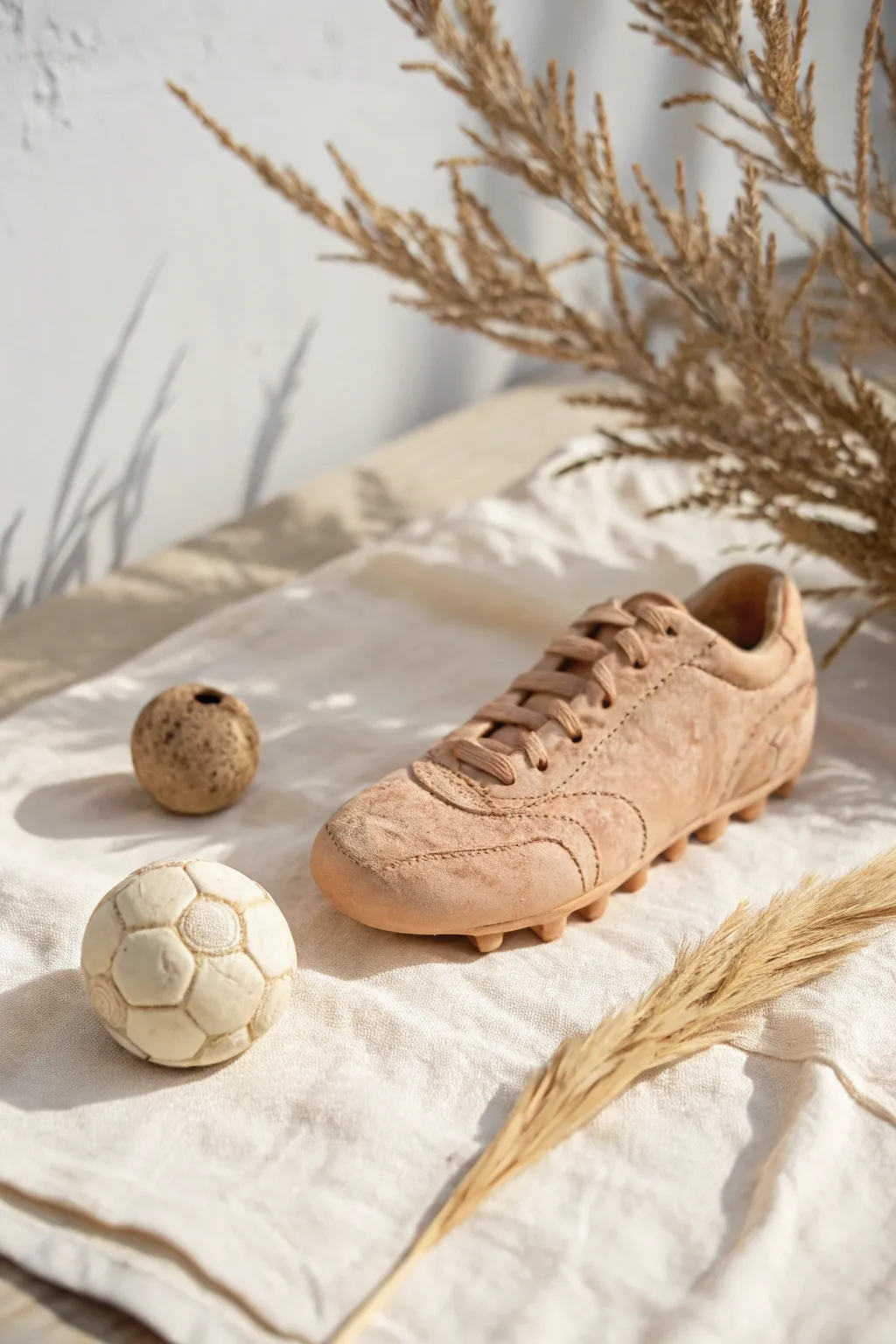 Mini clay soccer cleat and tiny ball in soft neutral tones, a simple handmade decor idea.