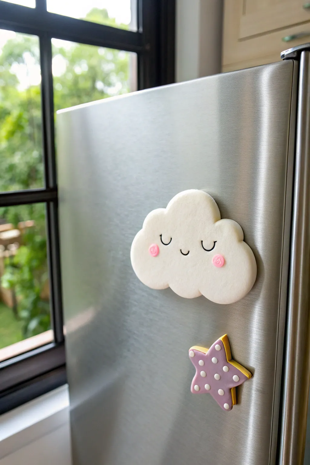 Pastel cloud and star air-dry clay magnet with a sweet face, perfect for a cozy kitchen.