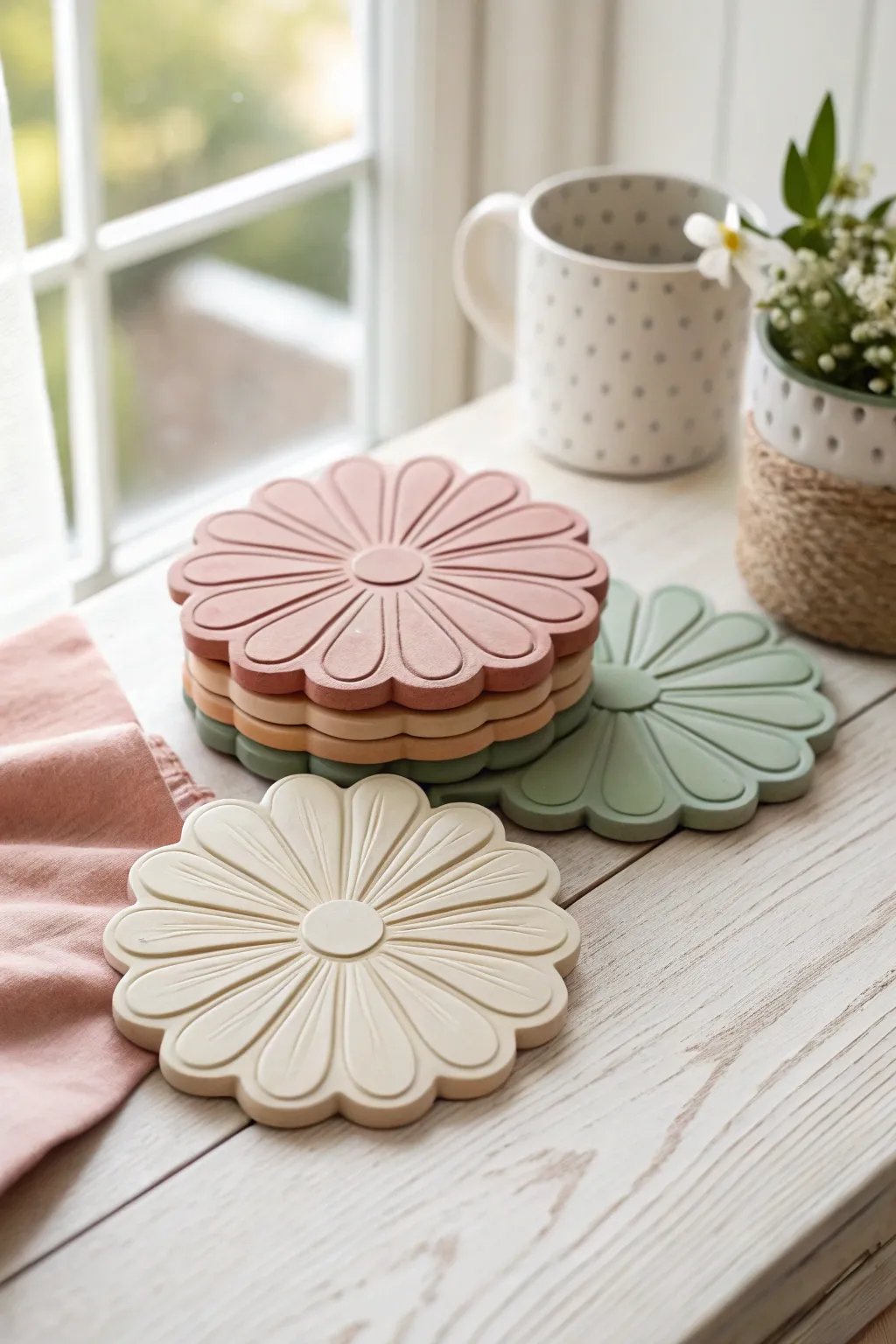 Soft clay flower coasters in dreamy pastels, minimal and boho perfect for your table