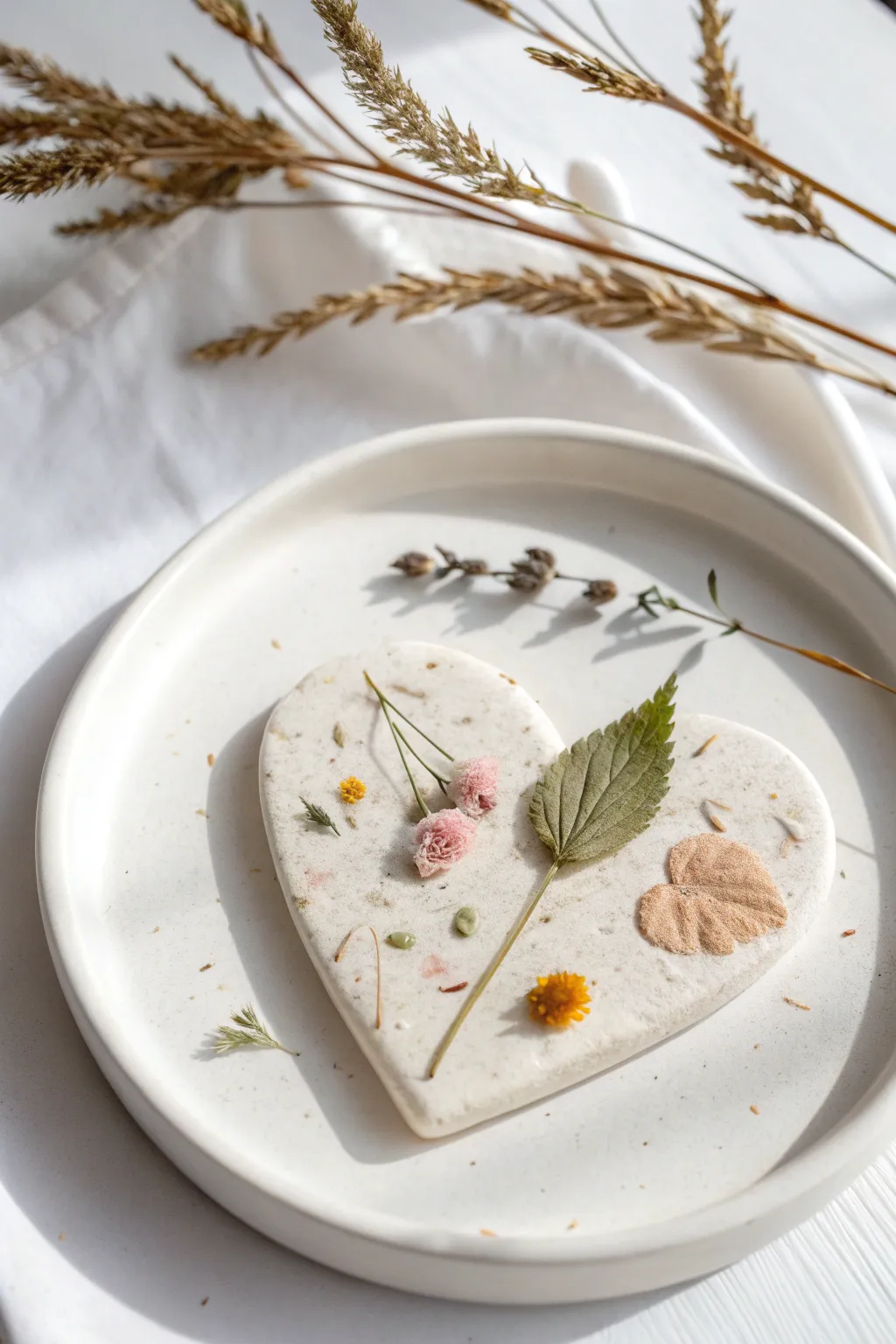 Pastel clay heart medallion with leaf and flower prints, a simple nature keepsake kids can make