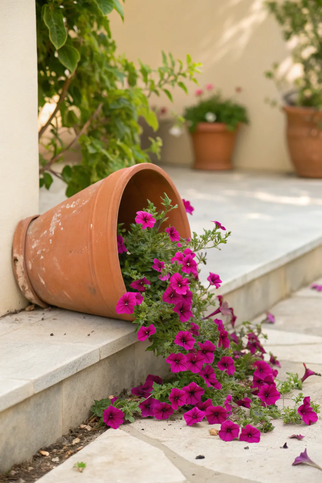 Single-color paint-pour planter: a cracked terracotta pot spilling bold blooms like liquid.