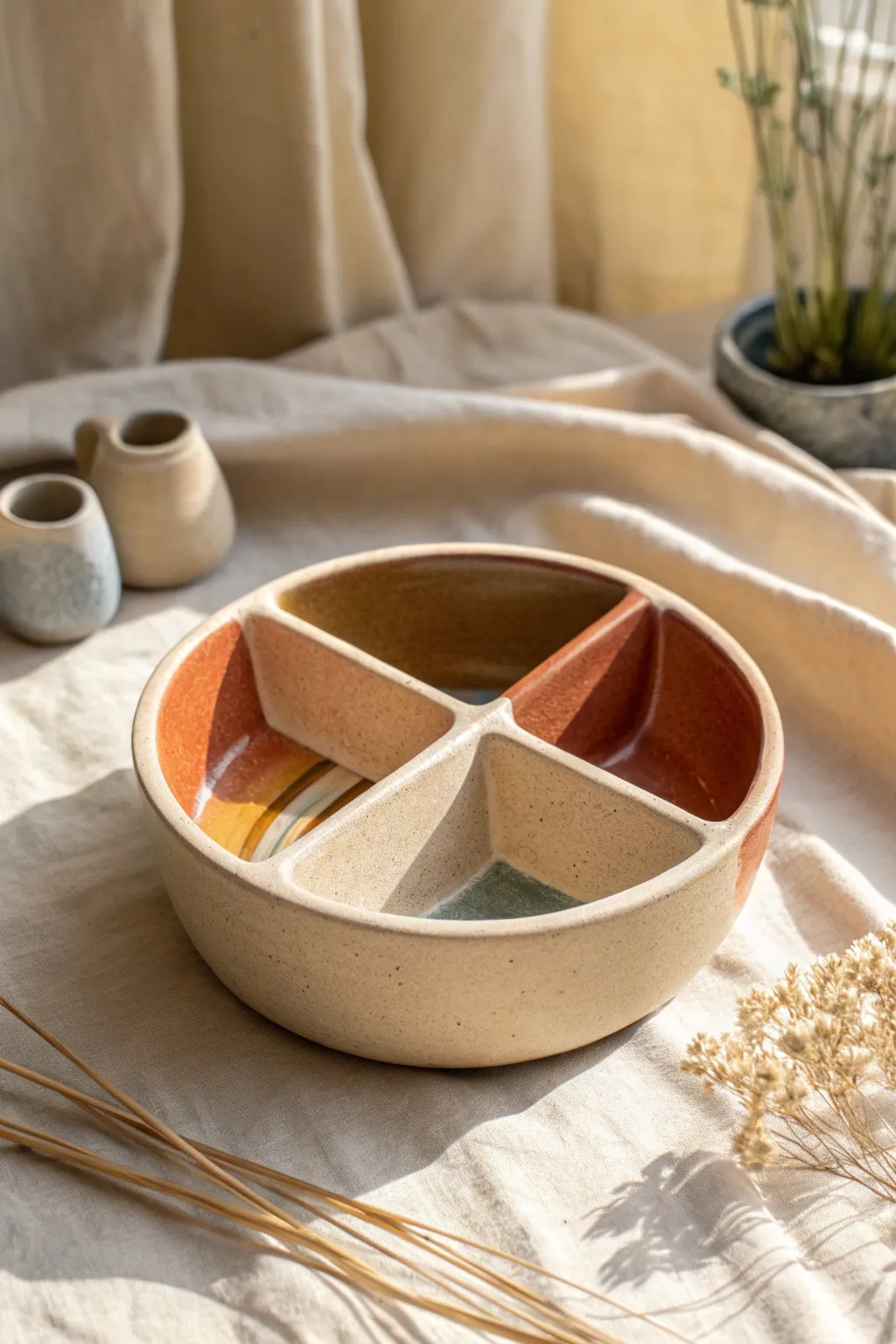 Minimal clay session caddy bowl with glossy dividers and trippy color blocks for a tidy stash.