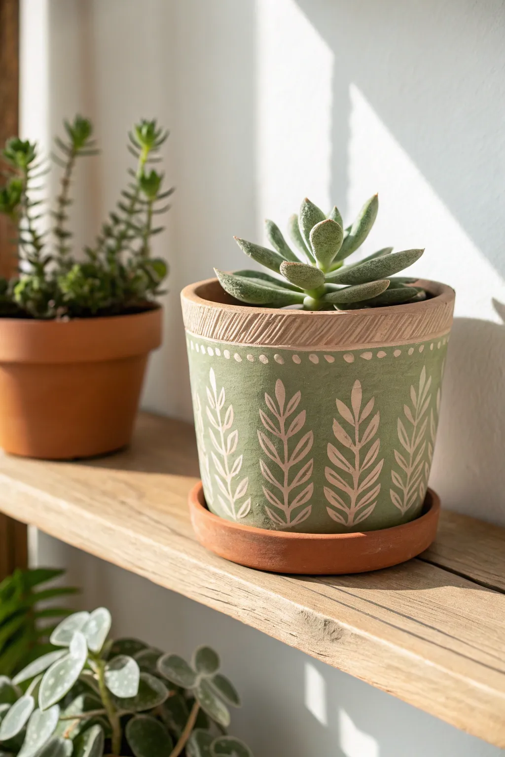 Botanical leaf silhouettes give this earthy succulent pot a calm, modern boho vibe.
