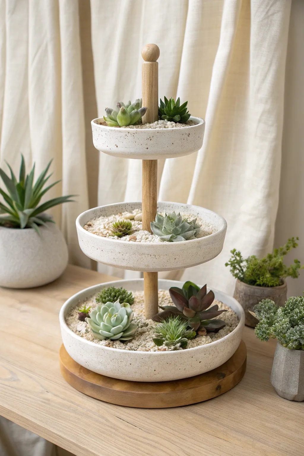 Create height on a small table with a simple tiered succulent tray stand in soft, earthy tones.