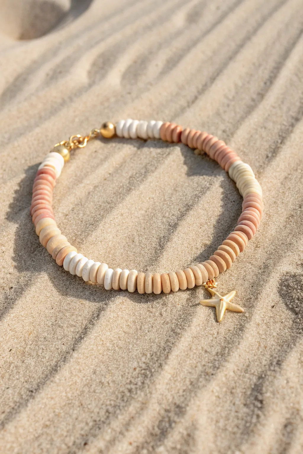 Sandy-neutral heishi bracelet with a simple starfish charm, bright sun and soft boho minimalism.