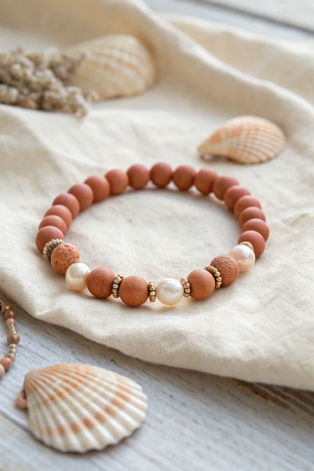 Pearl and clay beach mix bracelet on linen, soft coastal neutrals for easy summer charm