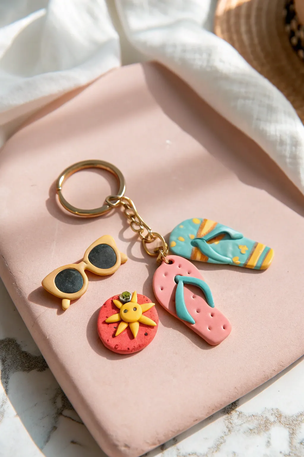 Tiny summer charm set: flip-flops, sunglasses, and sunhat in bright clay on a pastel backdrop