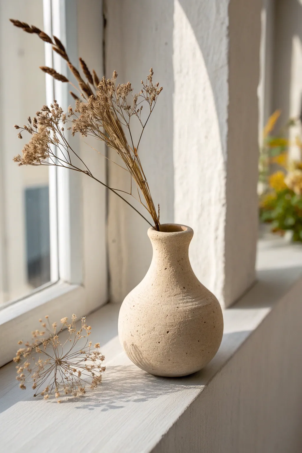 Tiny magnetic clay bud vase with a single dried stem, minimal Scandinavian boho decor.